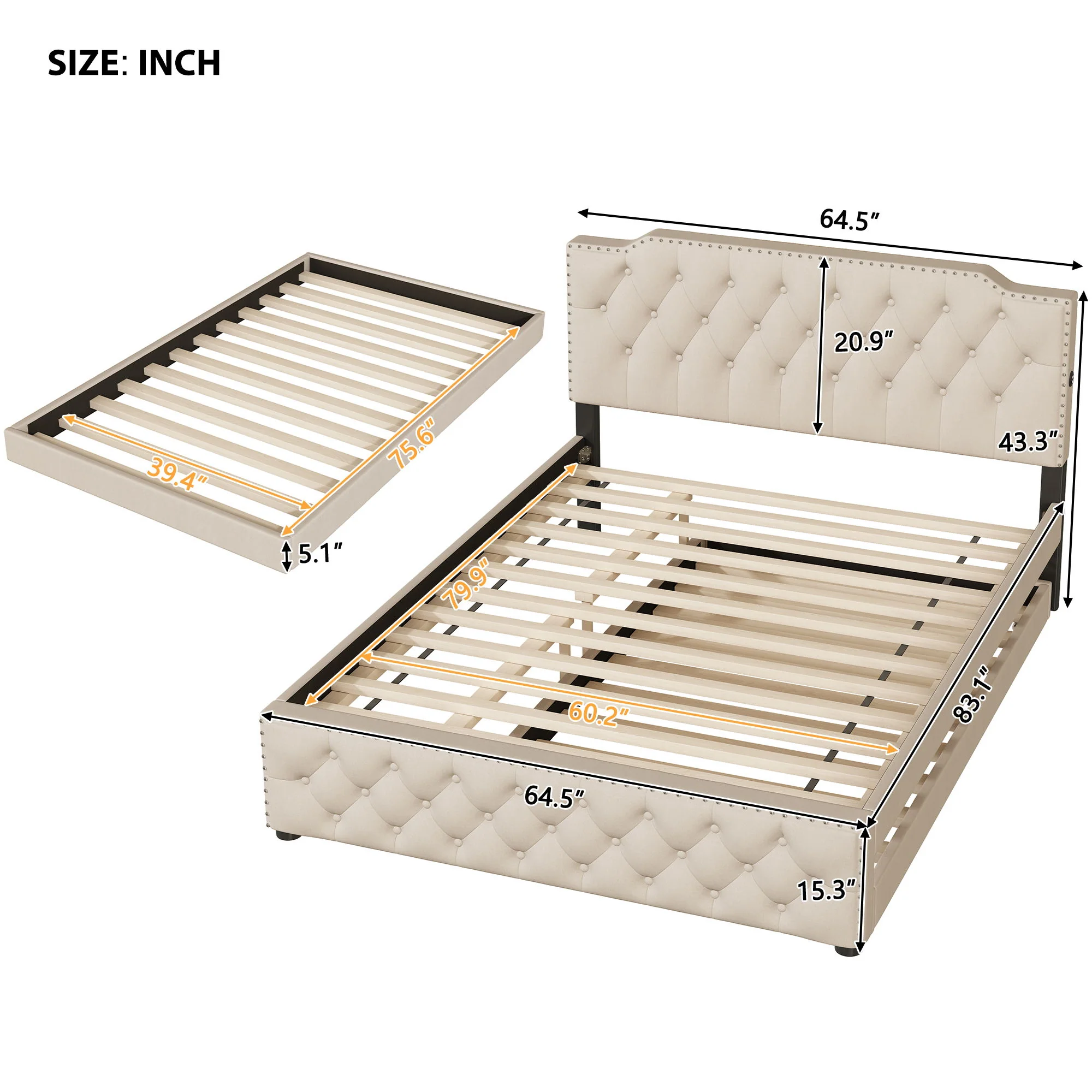 Upholstered Platform Bed With Trundle And 2 Sets Of USB Ports On Each Side, Fabric - Image 5