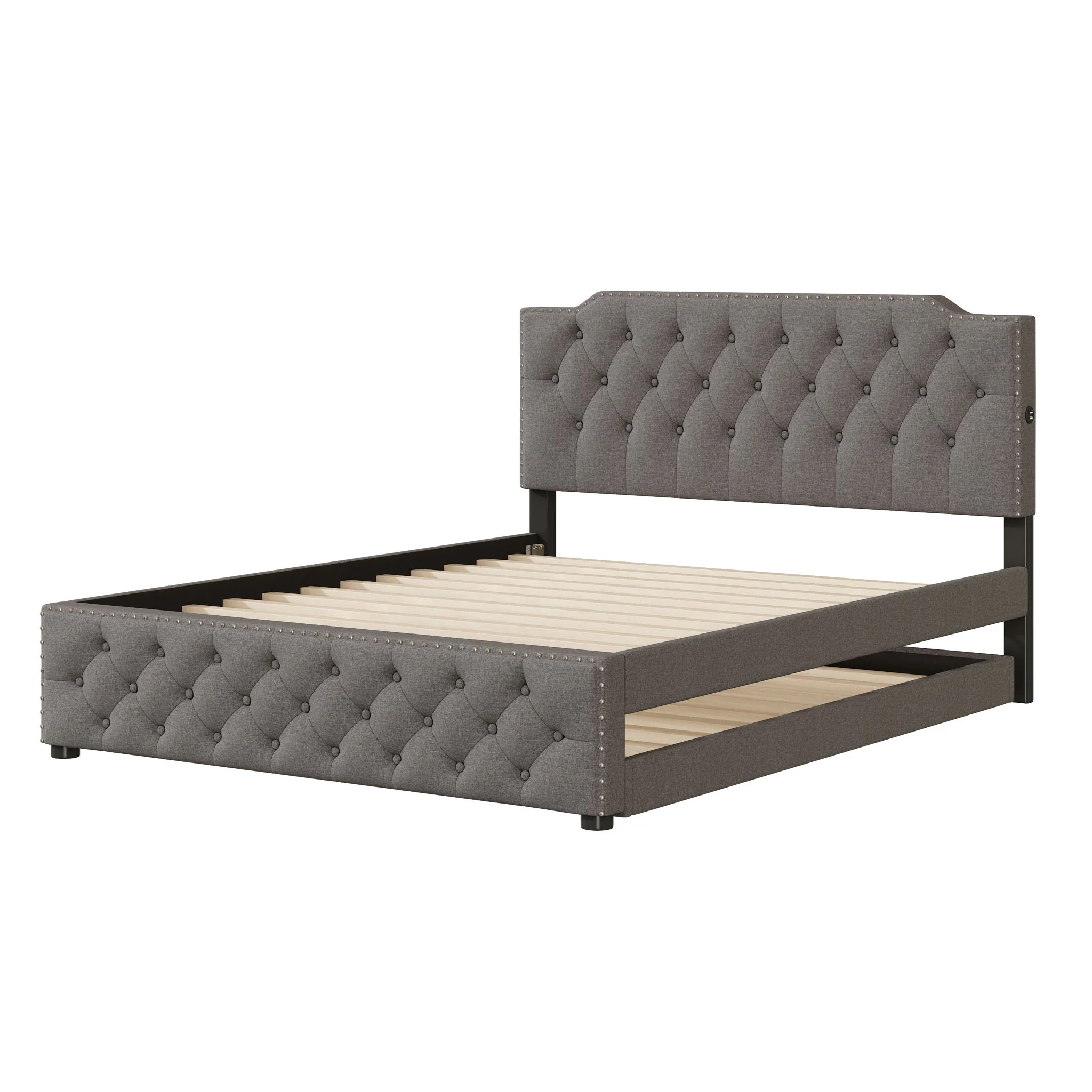 Upholstered Platform Bed With Trundle And 2 Sets Of USB Ports On Each Side, Fabric - Image 8