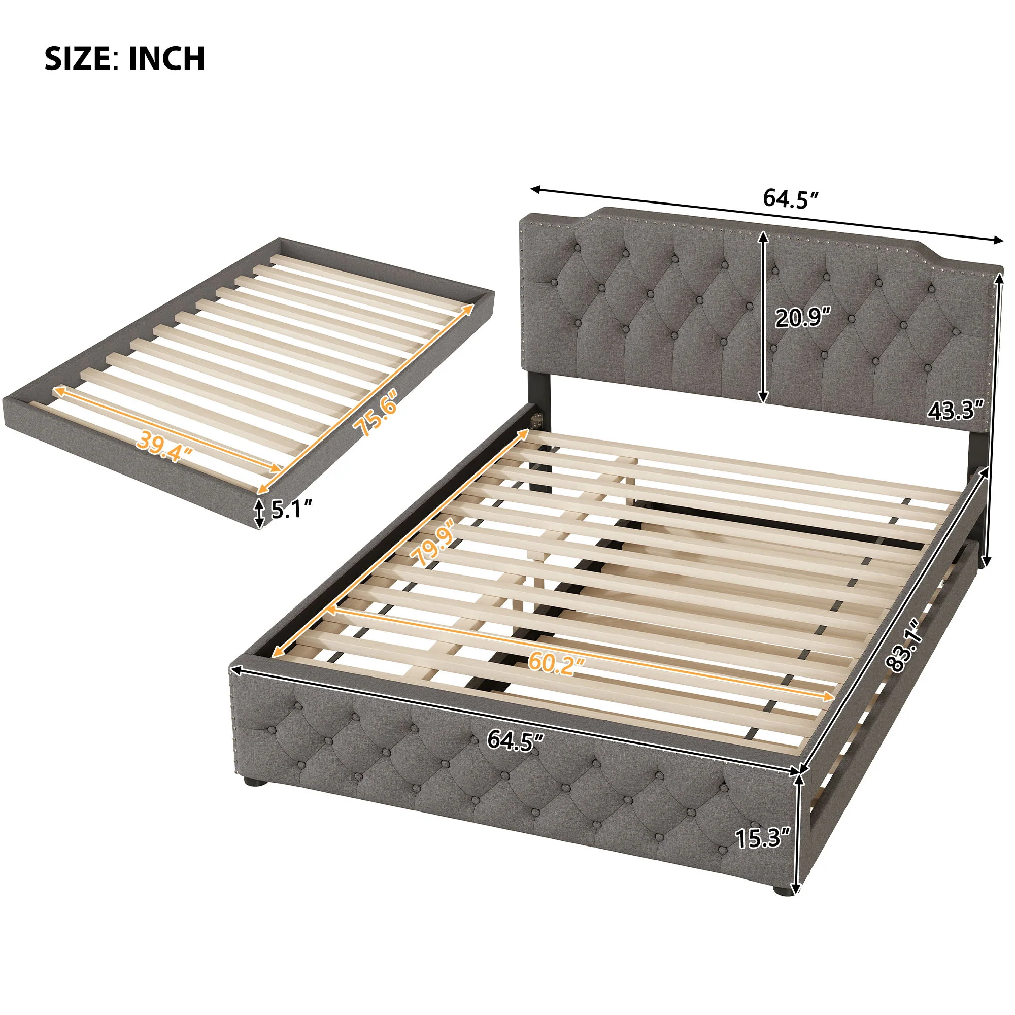 Upholstered Platform Bed With Trundle And 2 Sets Of USB Ports On Each Side, Fabric - Image 9