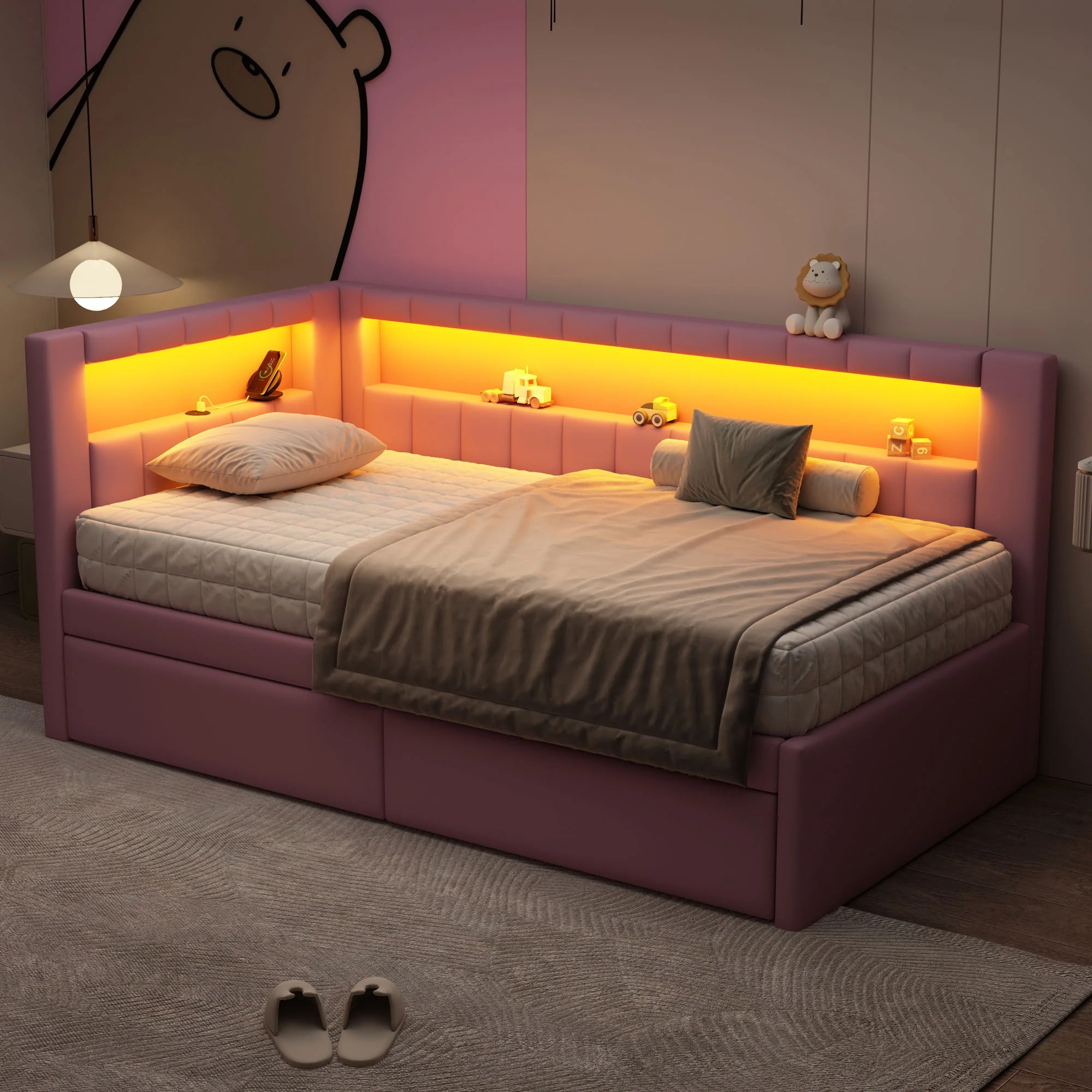 Upholstered Platform Bed With USB Ports And LED Belt - Image 15