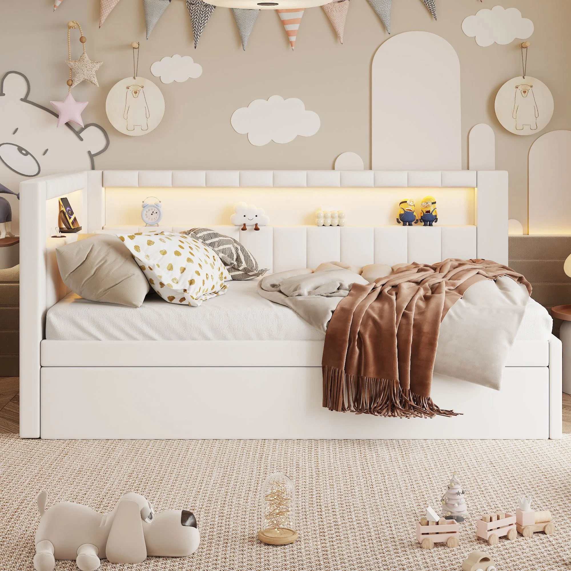 Upholstered Platform Bed With USB Ports And LED Belt - Image 18