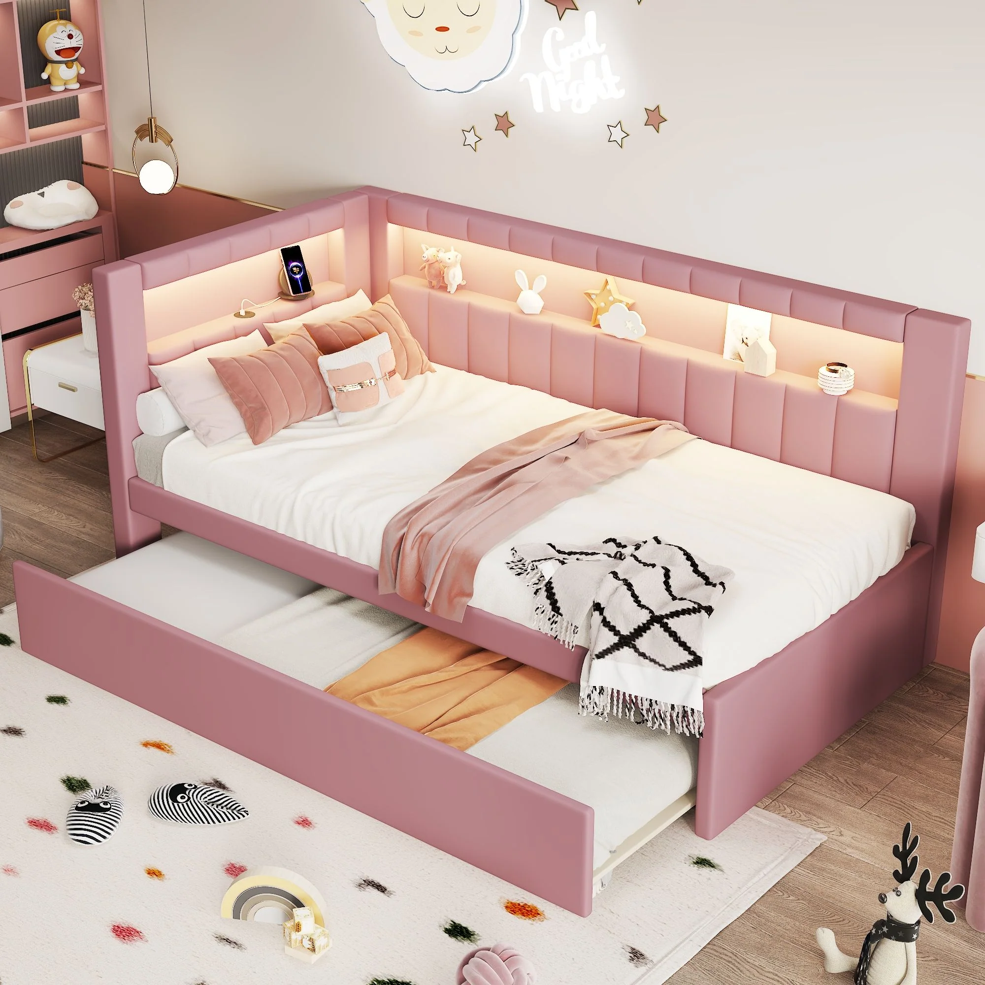 Upholstered Platform Bed With USB Ports And LED Belt - Image 27