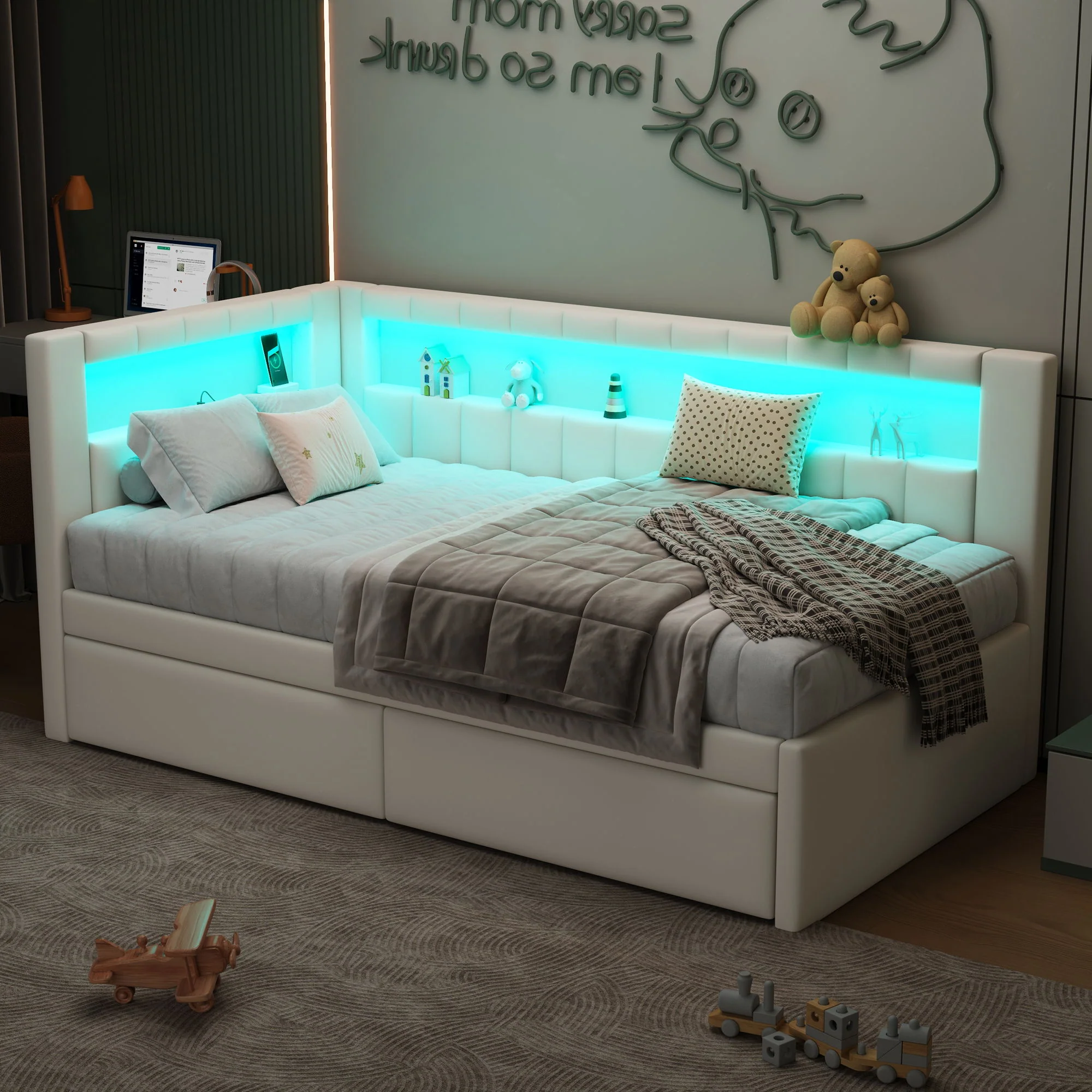 Upholstered Platform Bed With USB Ports And LED Belt - Image 44