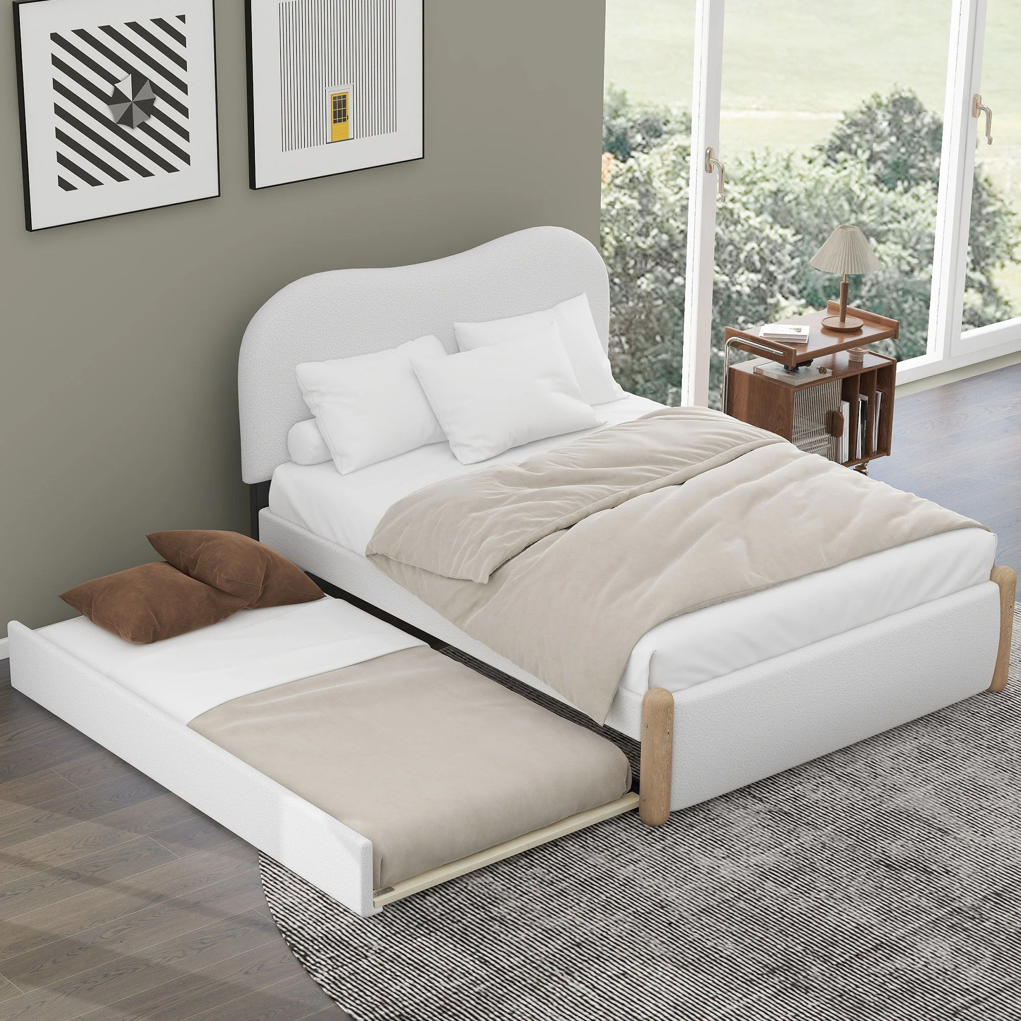 Upholstered Platform Bed With Wood Supporting Feet And Trundle - Image 13