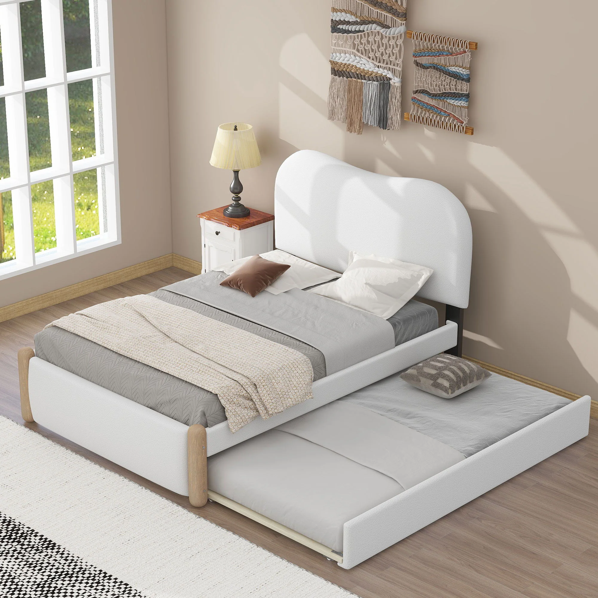 Upholstered Platform Bed With Wood Supporting Feet And Trundle - Image 17