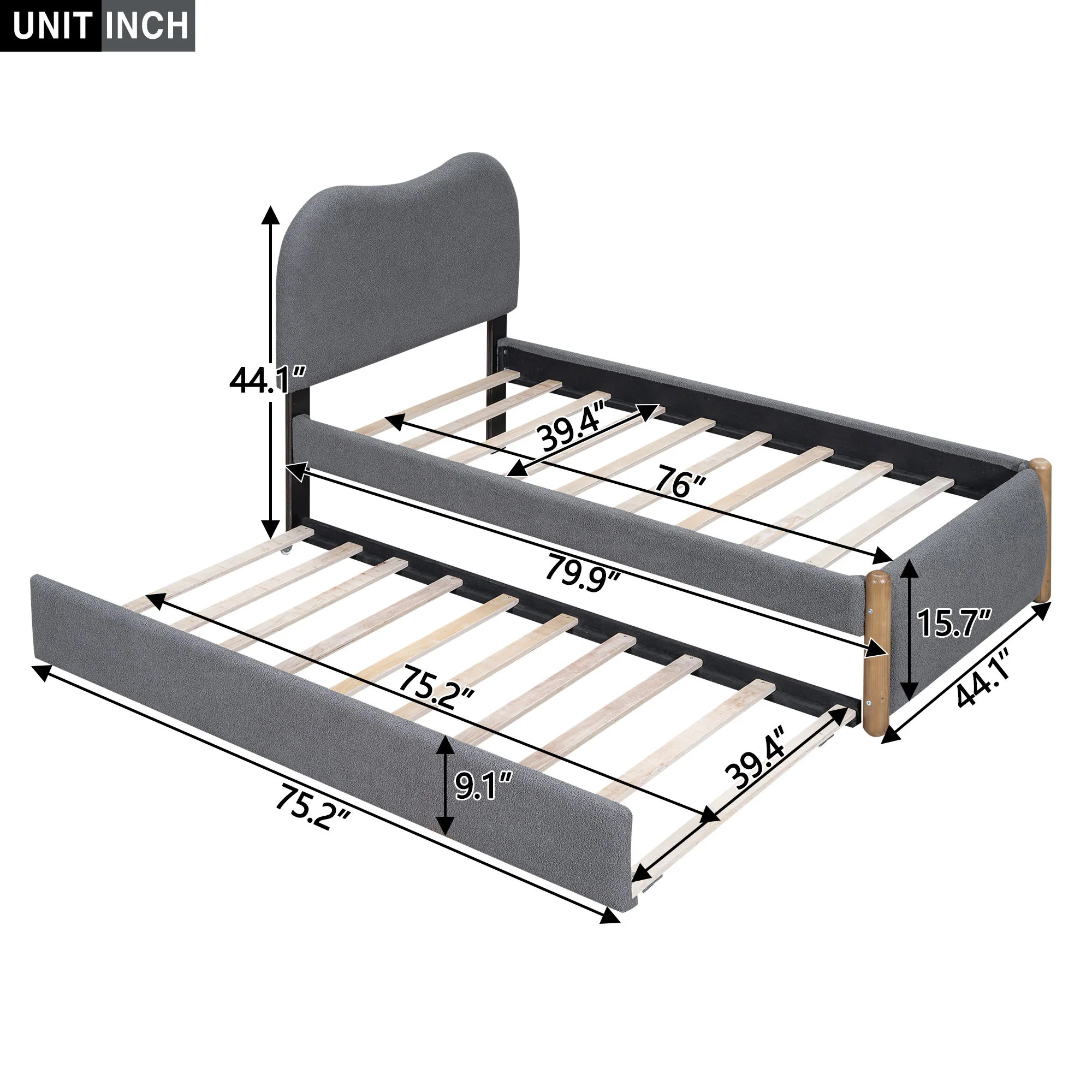 Upholstered Platform Bed With Wood Supporting Feet And Trundle - Image 22