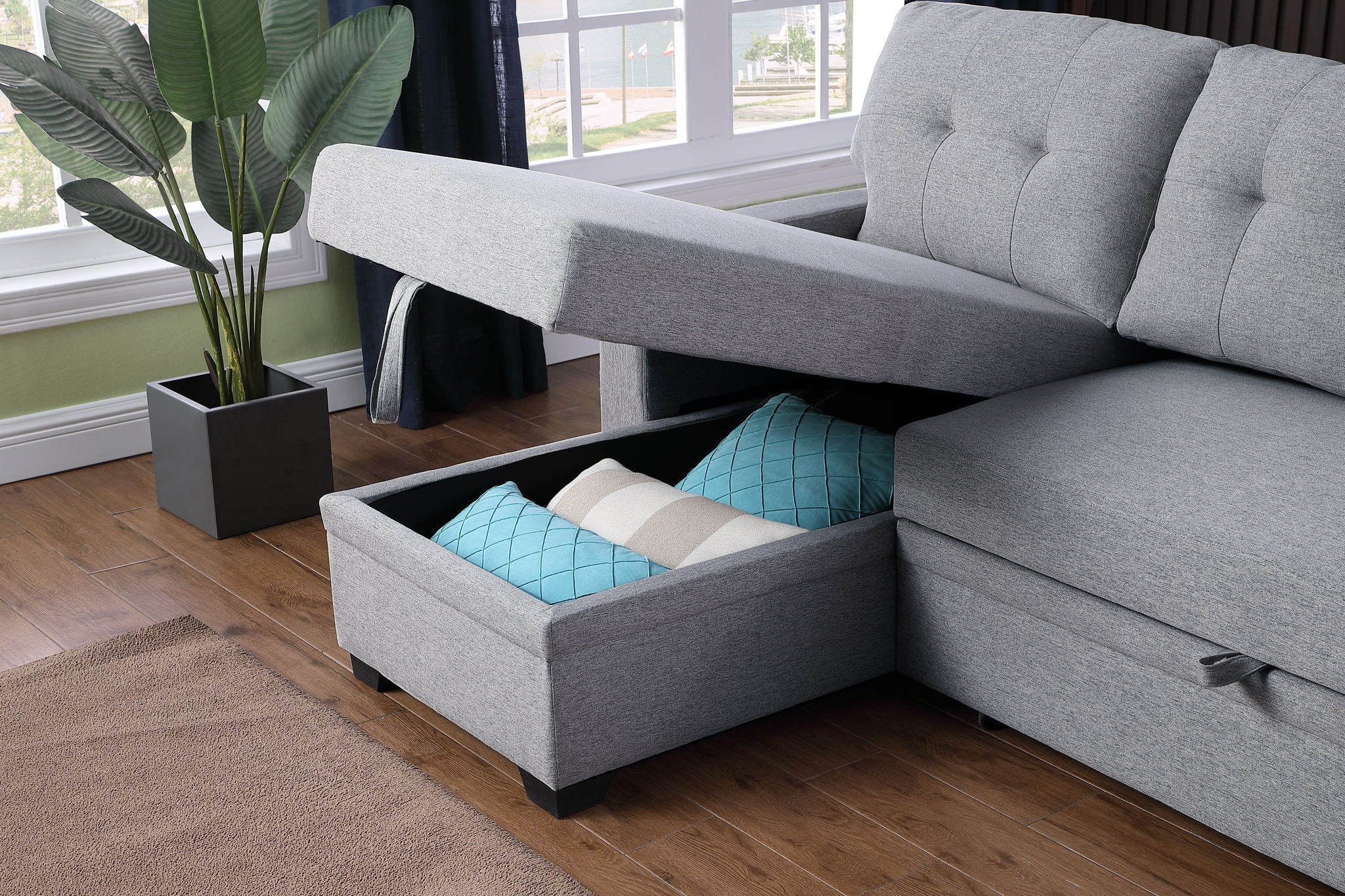 Upholstered Pull Out Sectional Sofa With Chaise - Image 52