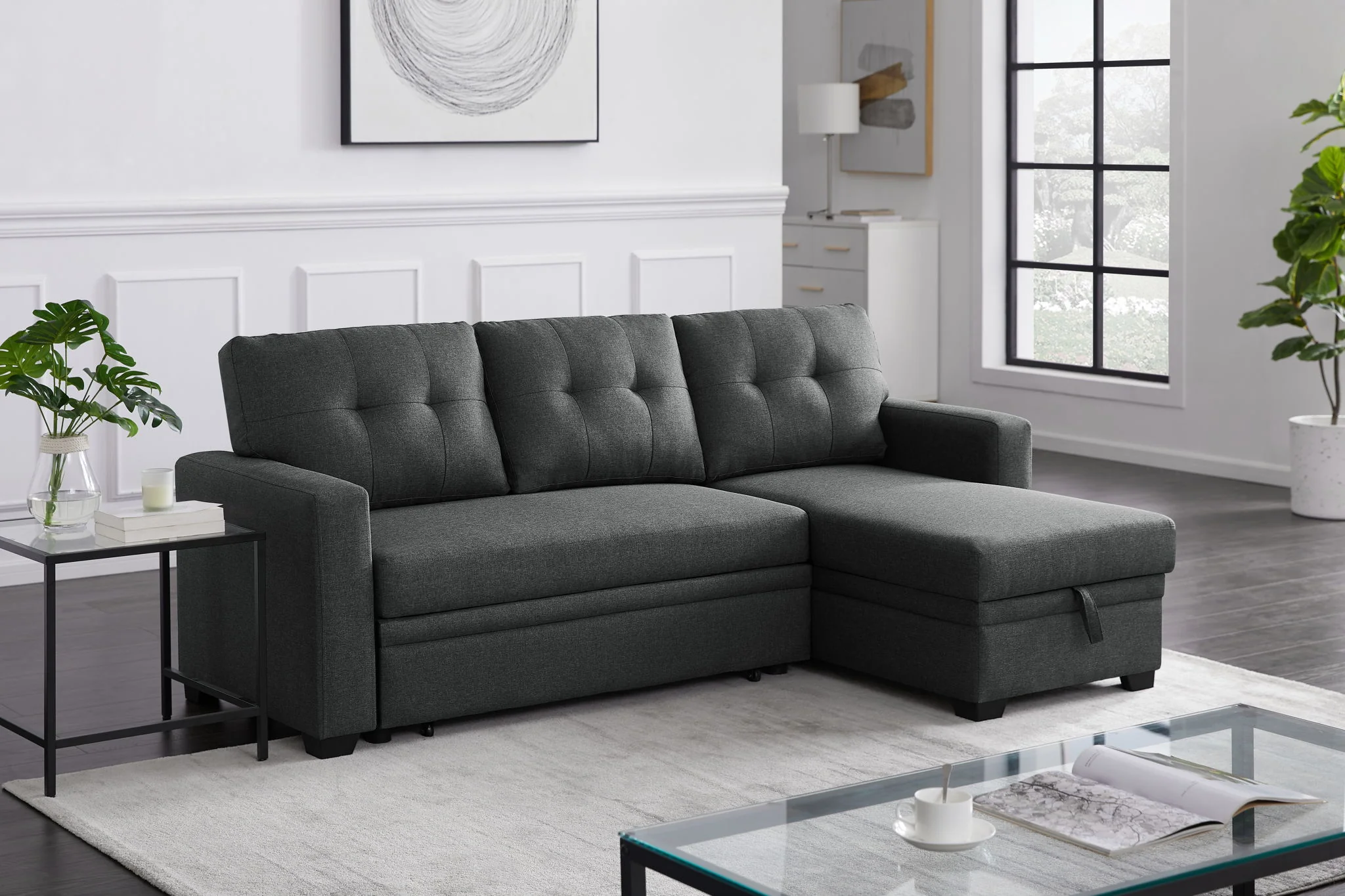 Upholstered Pull Out Sectional Sofa With Chaise - Image 8