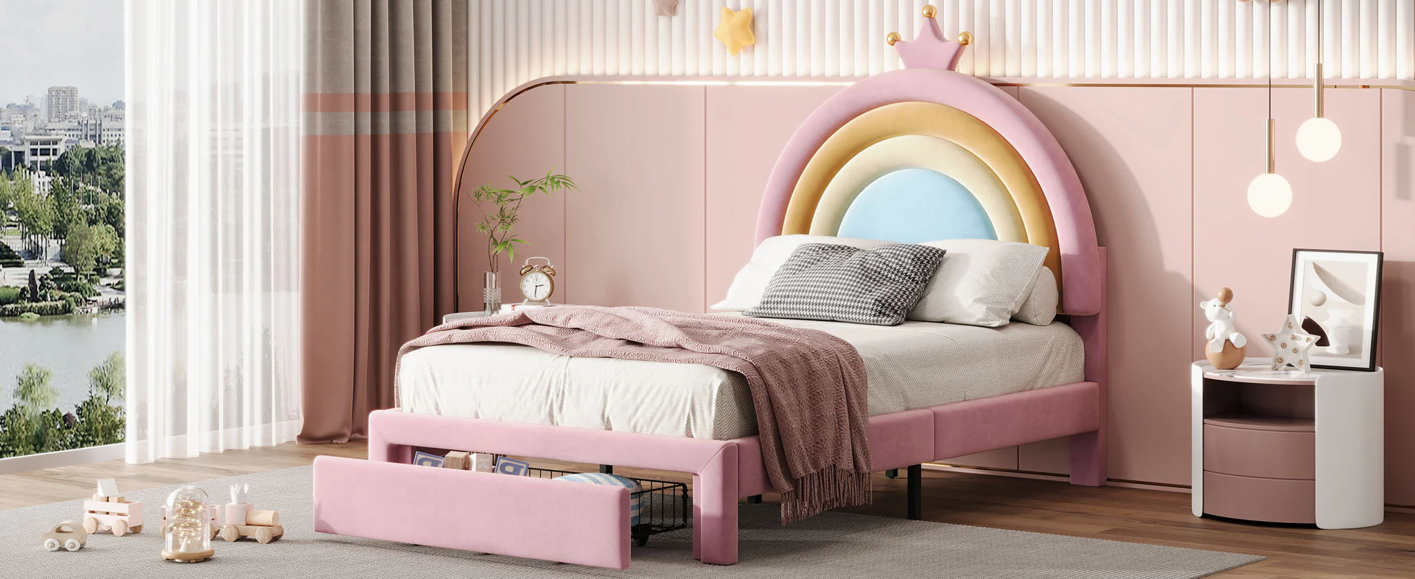 Upholstered Rainbow Design Bed, Princess Platform Bed With Storage Drawer - Image 5