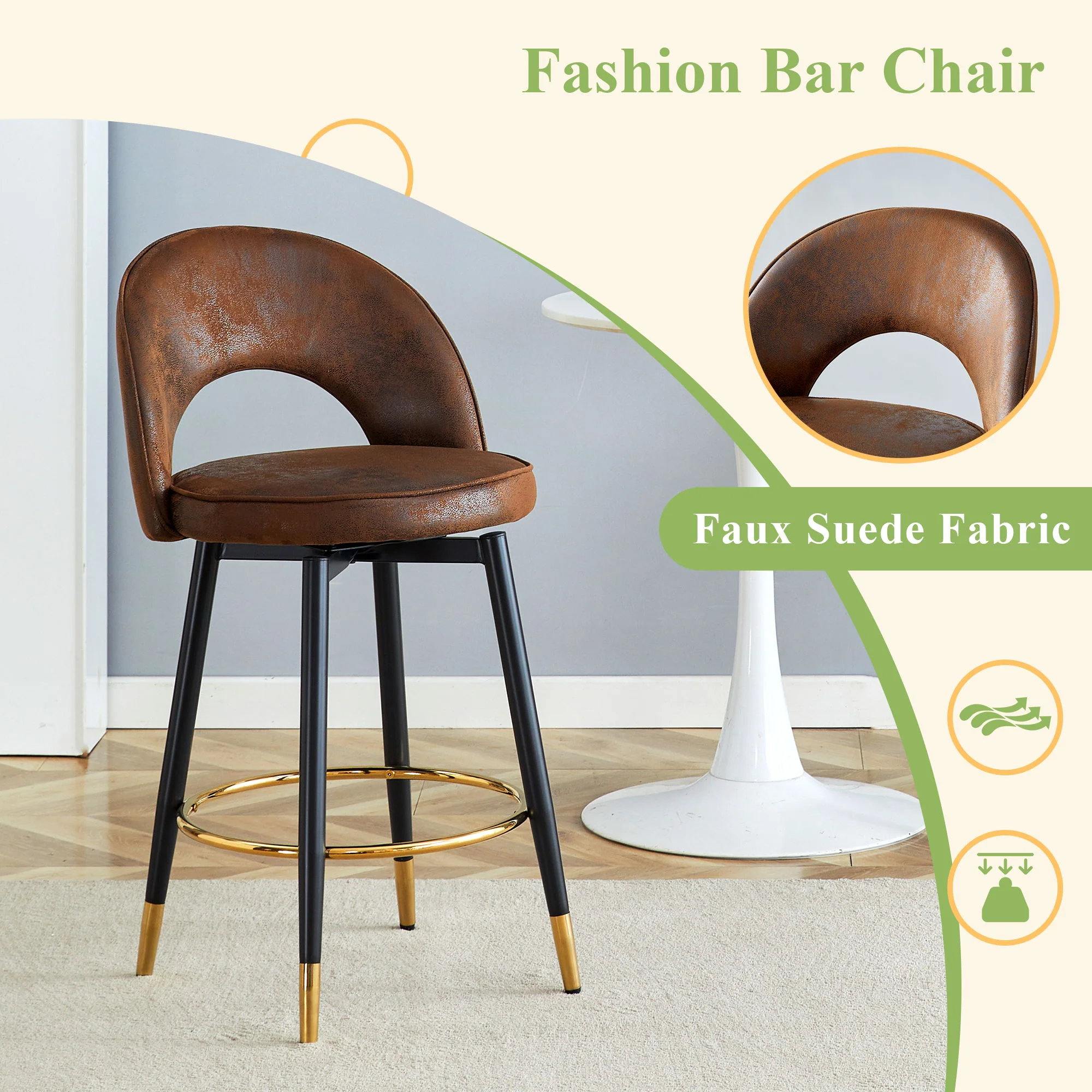 Upholstered Rotatable Bar Chair With Metal Legs For Dining Room - Image 20