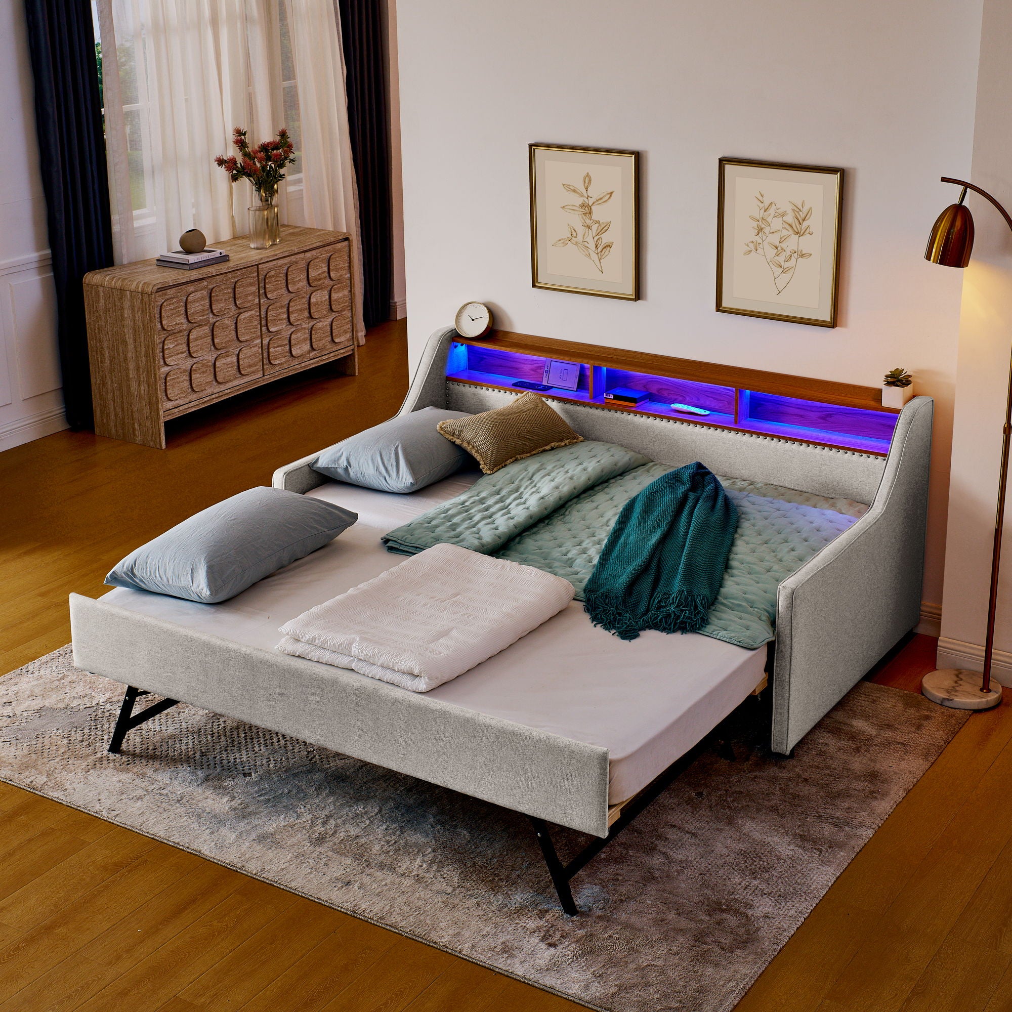 Upholstered Sofa Bed With LED Lights, Storage Headboard, Foldable Trundle & Wireless Charging - Image 4