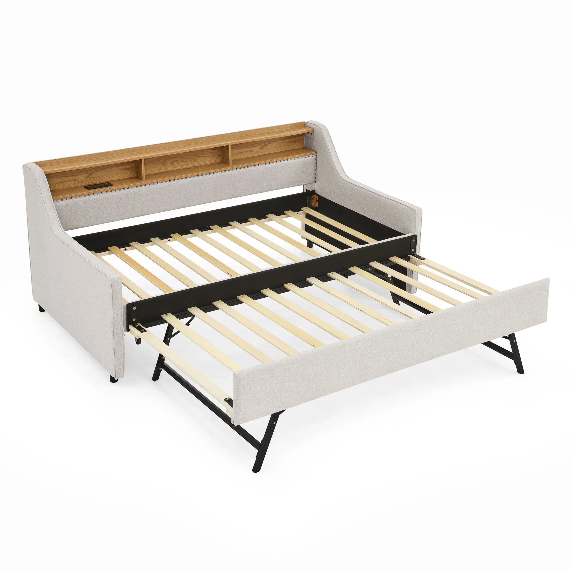 Upholstered Sofa Bed With LED Lights, Storage Headboard, Foldable Trundle & Wireless Charging - Image 7