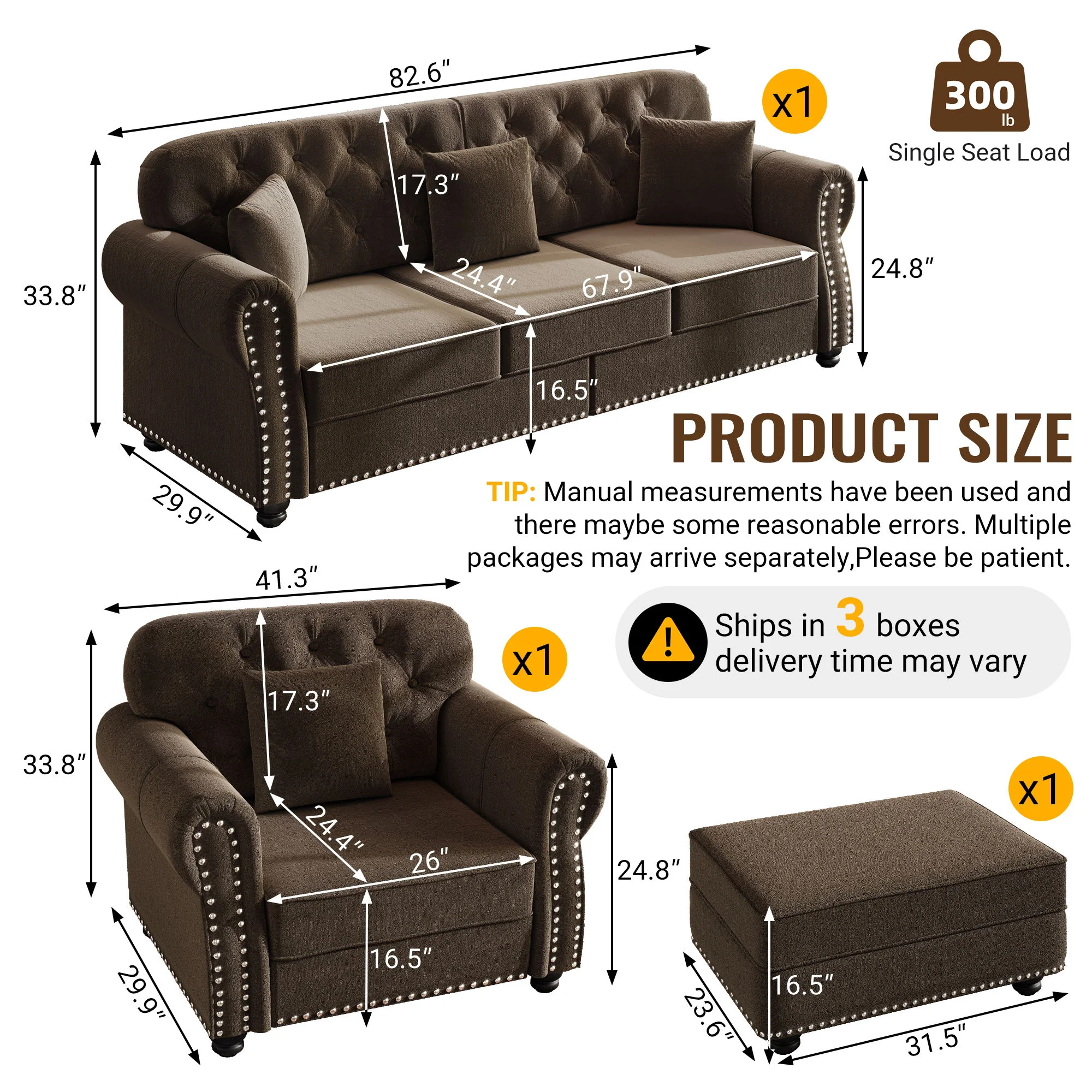Upholstered Sofa Set With Nailhead Trim And Rolled Armrests, Includes Pillows - Image 100