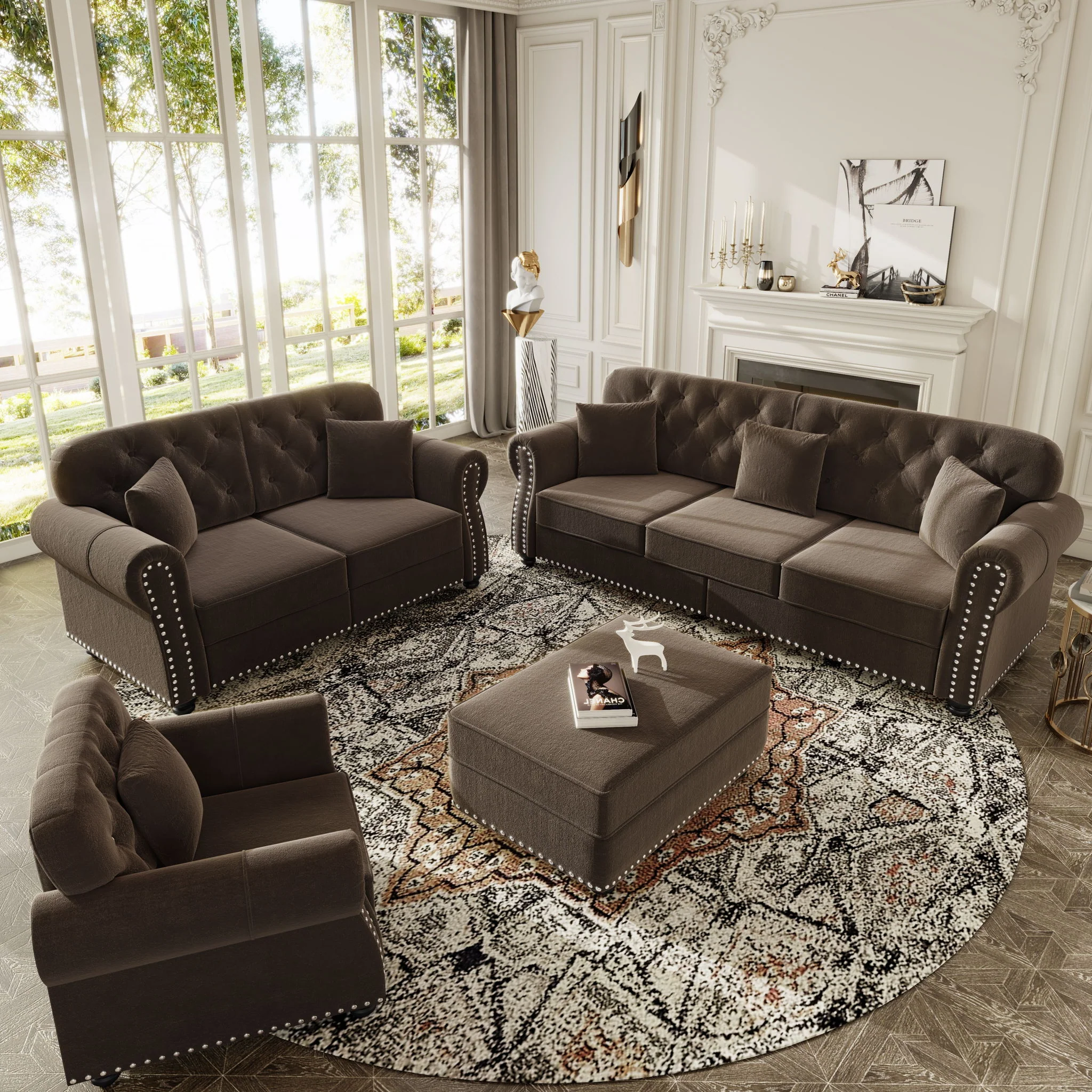 Upholstered Sofa Set With Nailhead Trim And Rolled Armrests, Includes Pillows - Image 105
