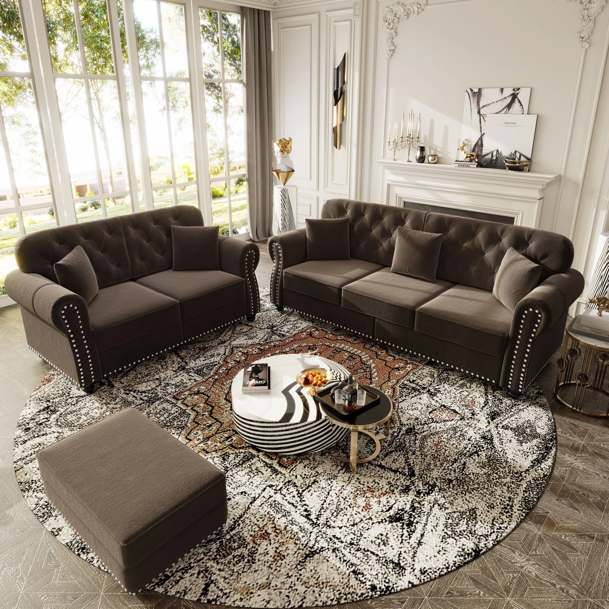 Upholstered Sofa Set With Nailhead Trim And Rolled Armrests, Includes Pillows - Image 94