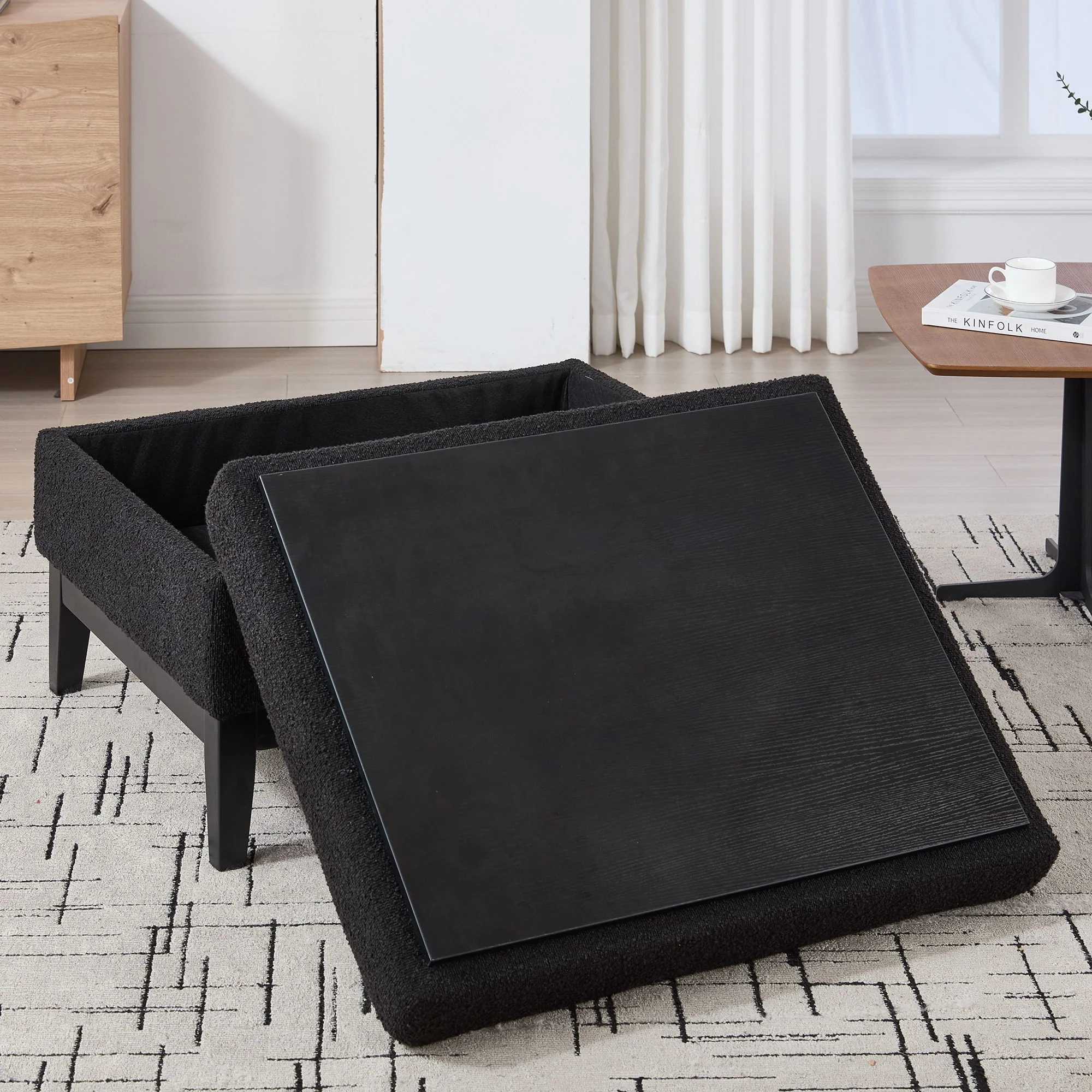 Upholstered Storage Ottoman With Reversible Lid Coffee Table With Rubberwood Legs - Image 10