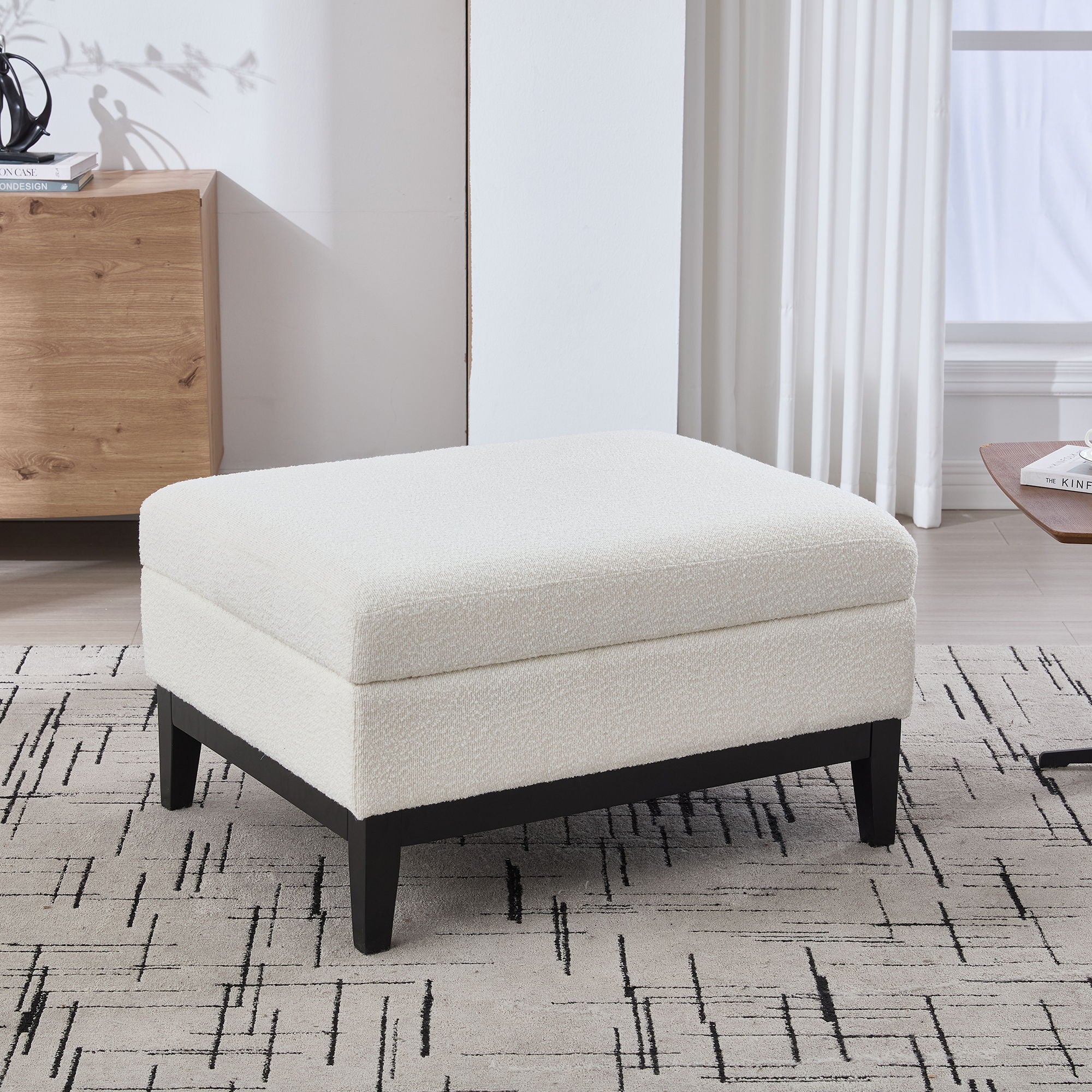 Upholstered Storage Ottoman With Reversible Lid Coffee Table With Rubberwood Legs - Image 12