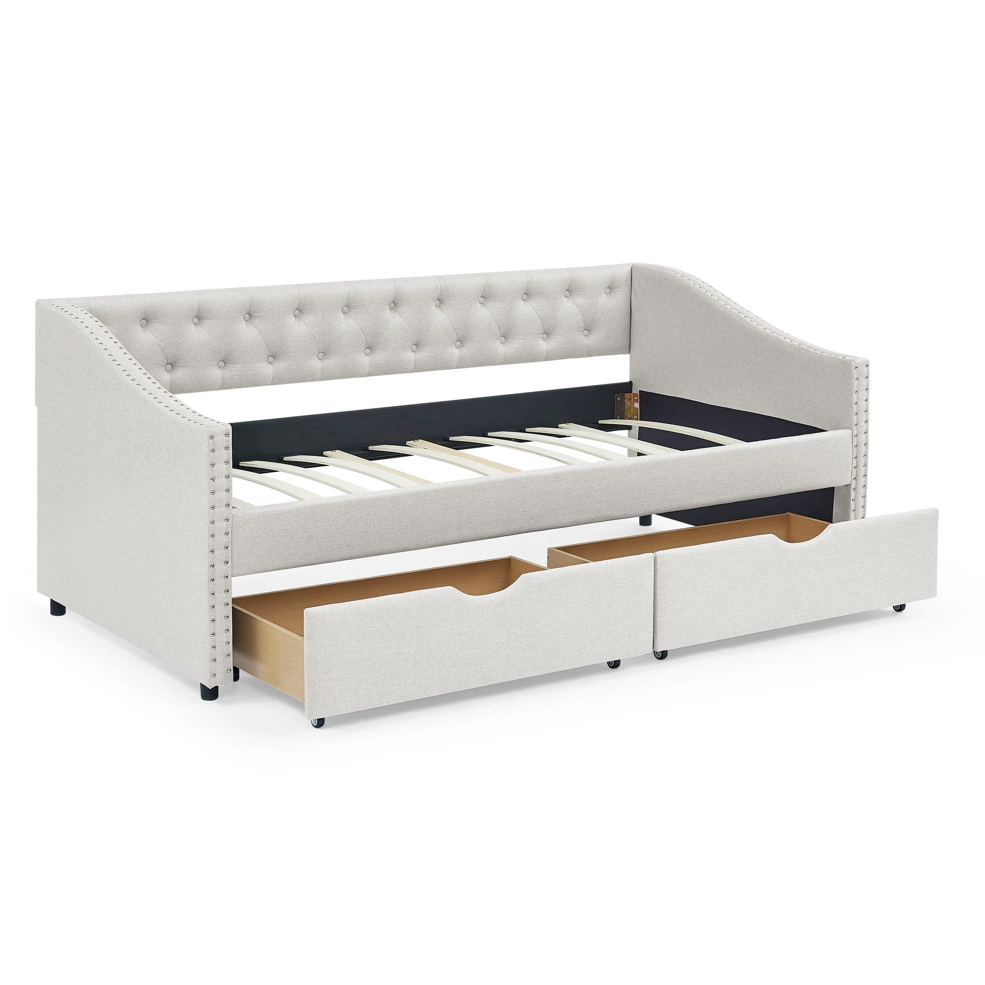 Upholstered Tufted Daybed With 2 Drawers, Waved Arms - Image 18