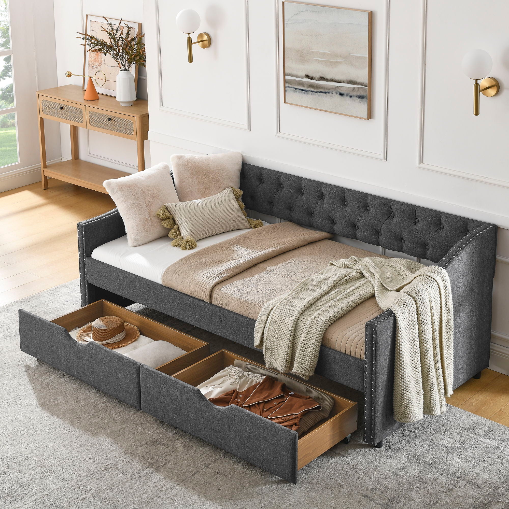 Upholstered Tufted Daybed With 2 Drawers, Waved Arms - Image 23