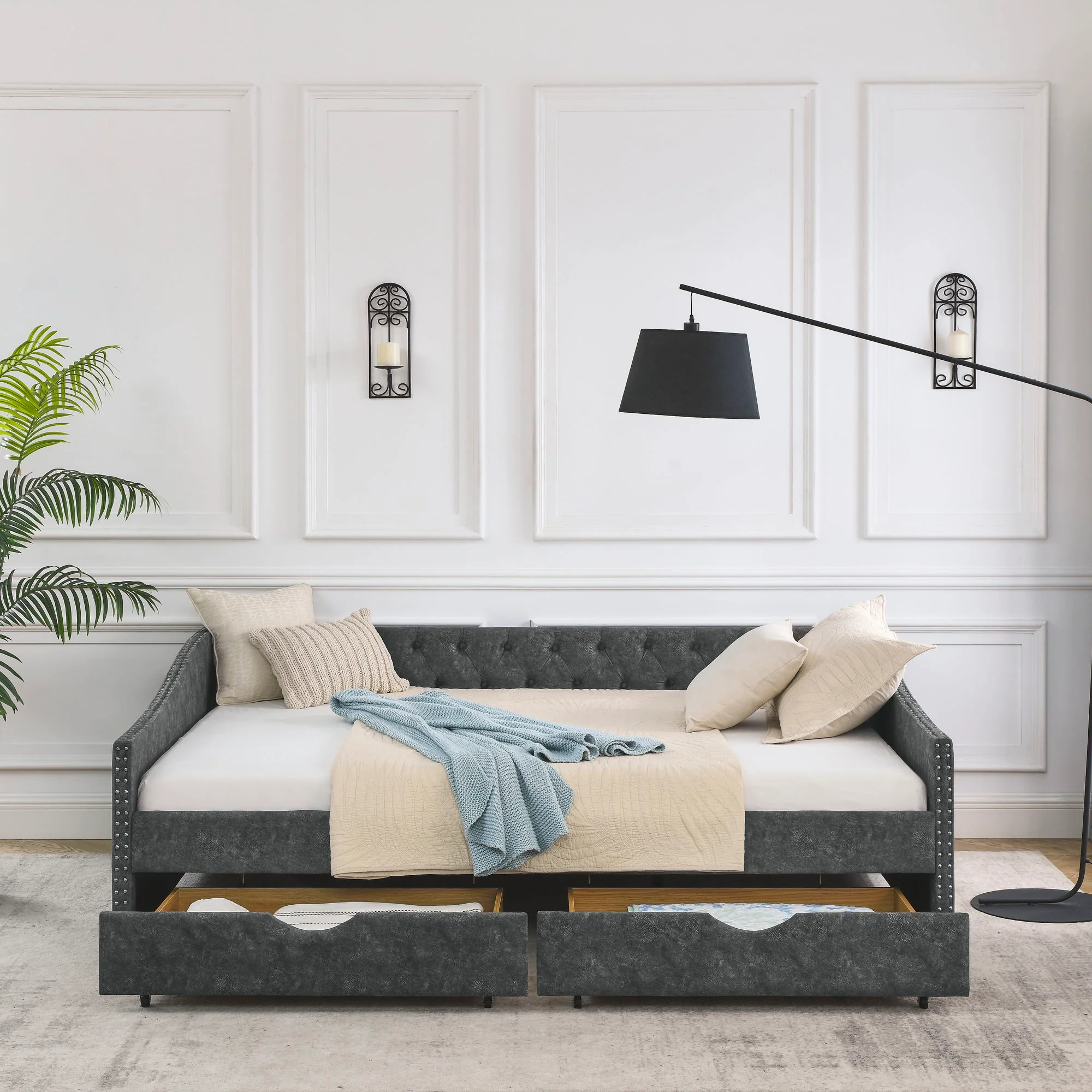 Upholstered Tufted Daybed With 2 Drawers, Waved Arms - Image 29