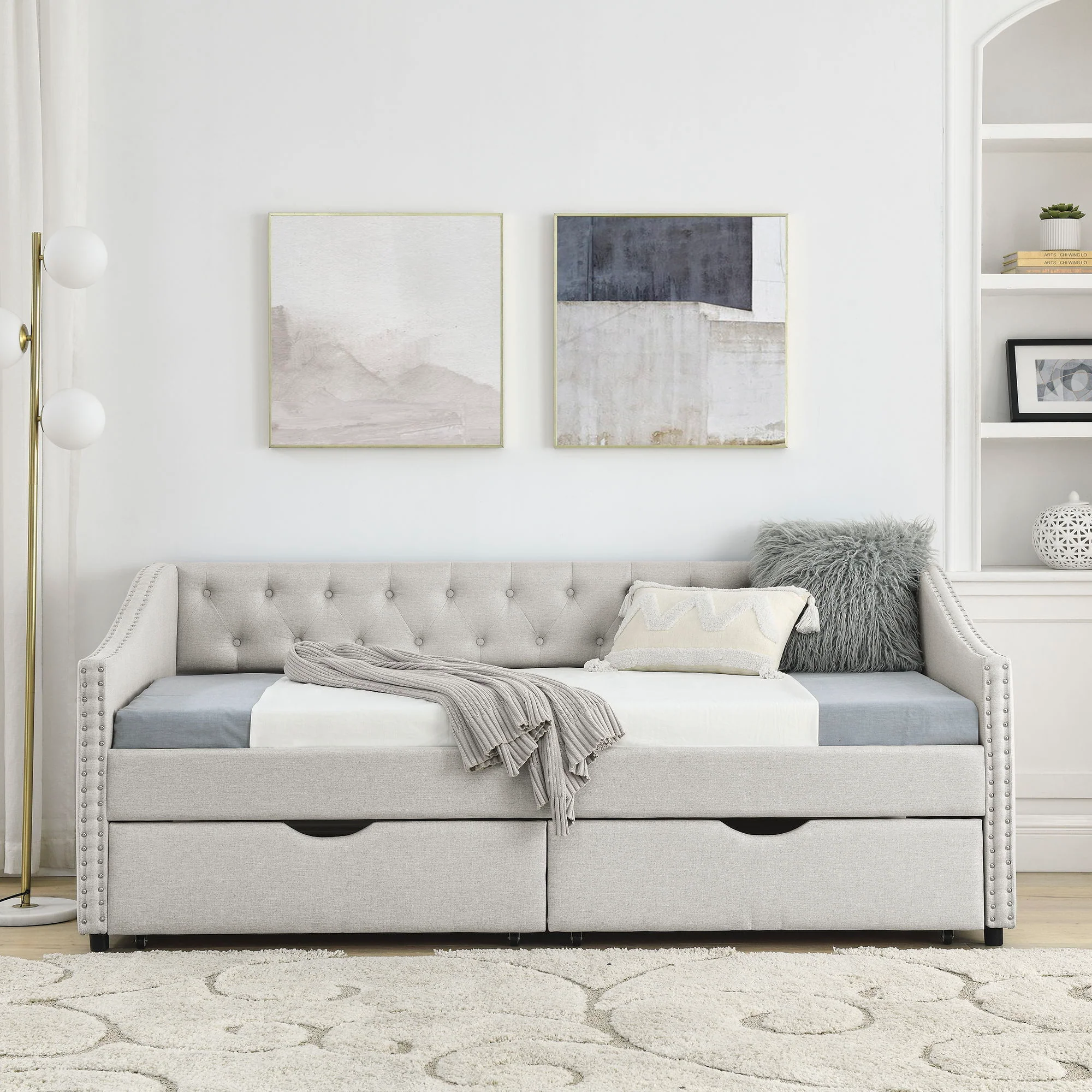 Upholstered Tufted Daybed With 2 Drawers, Waved Arms - Image 62