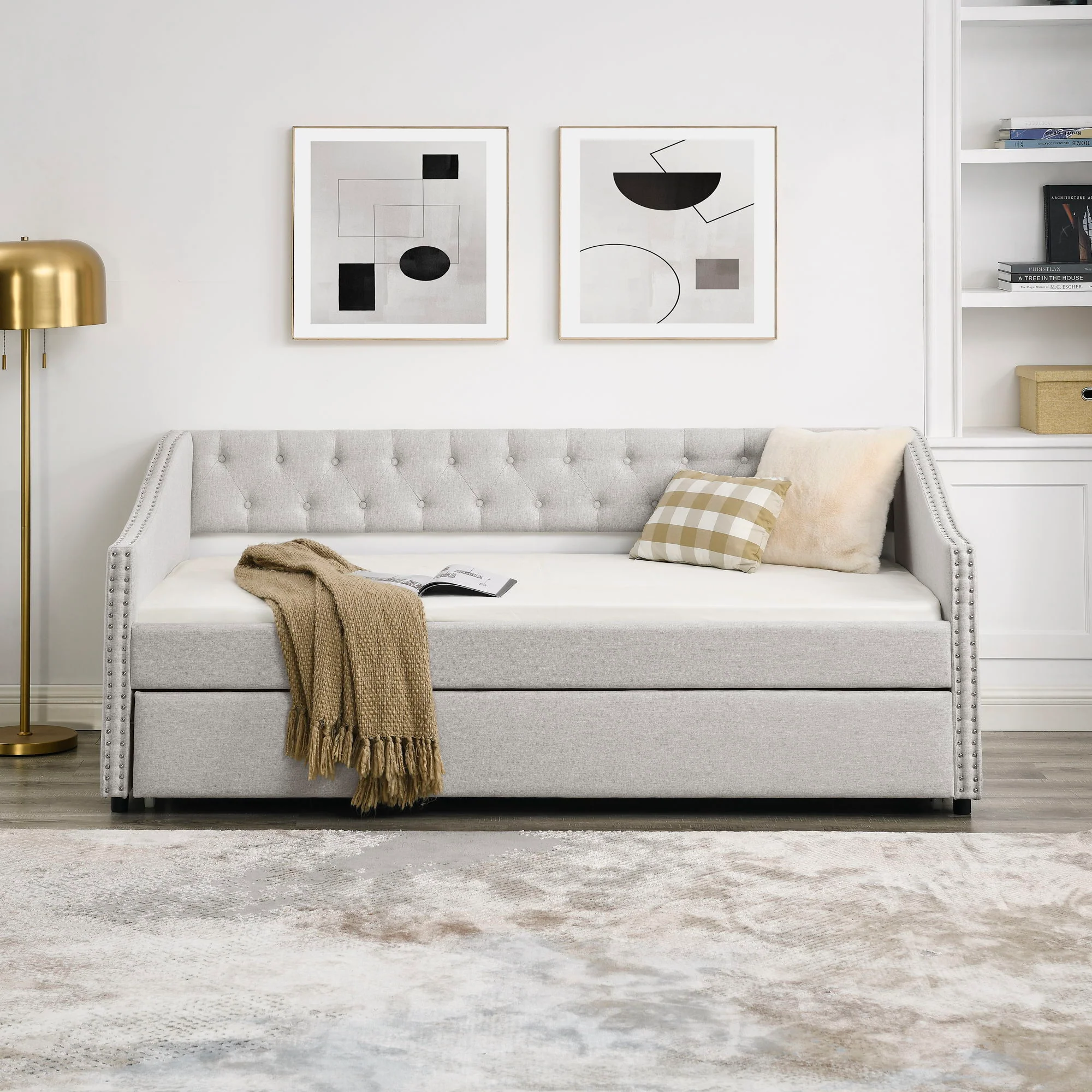Upholstered Tufted Daybed With Drawers, Waved Arms - Image 21