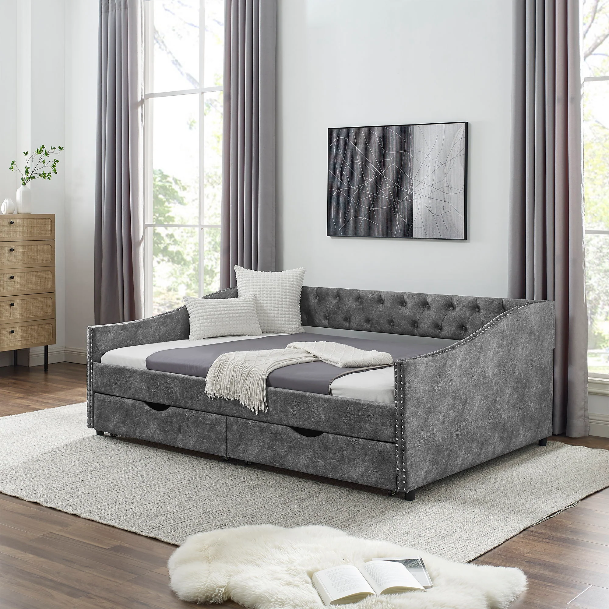 Upholstered Tufted Daybed With Drawers, Waved Arms - Image 31