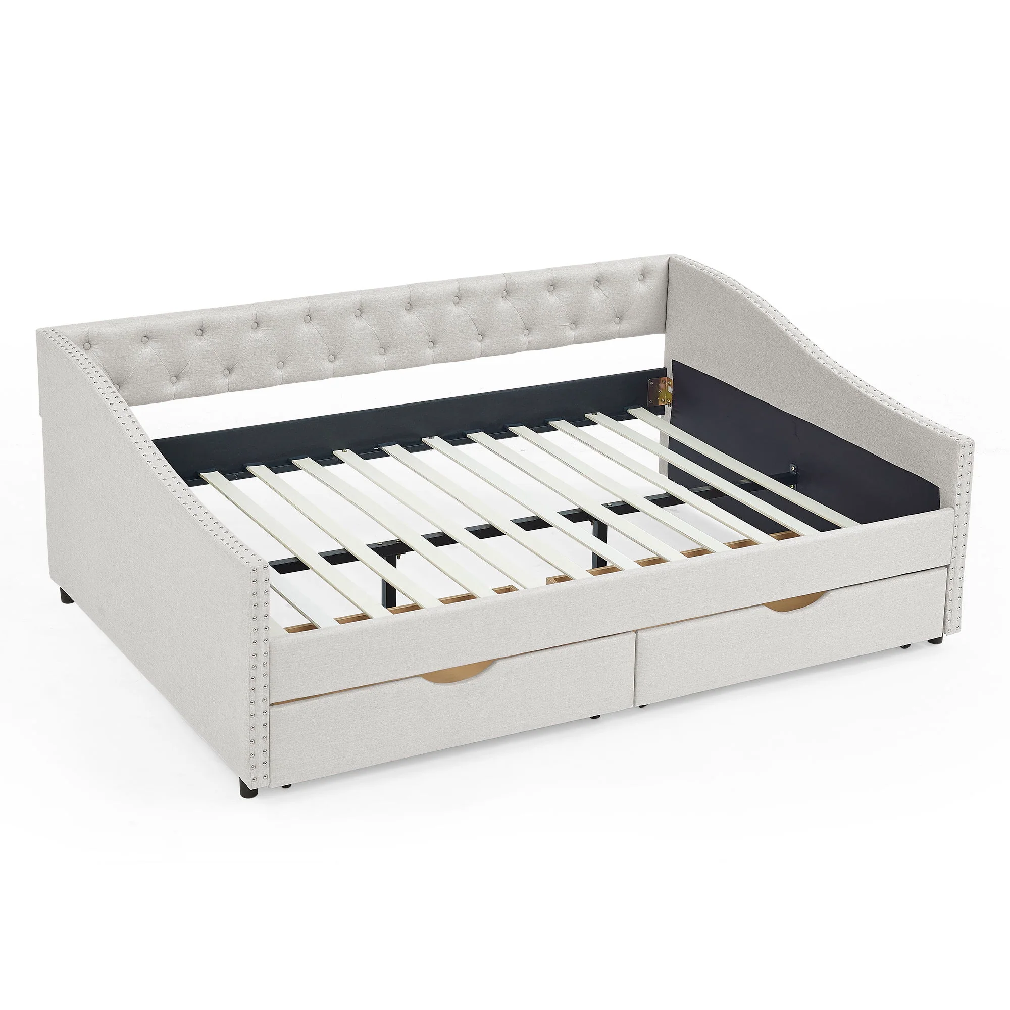 Upholstered Tufted Daybed With Drawers, Waved Arms - Image 42