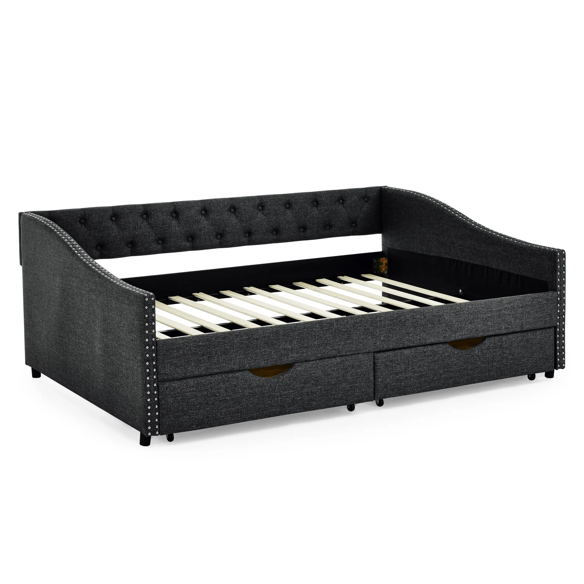 Upholstered Tufted Daybed With Drawers, Waved Arms - Image 43