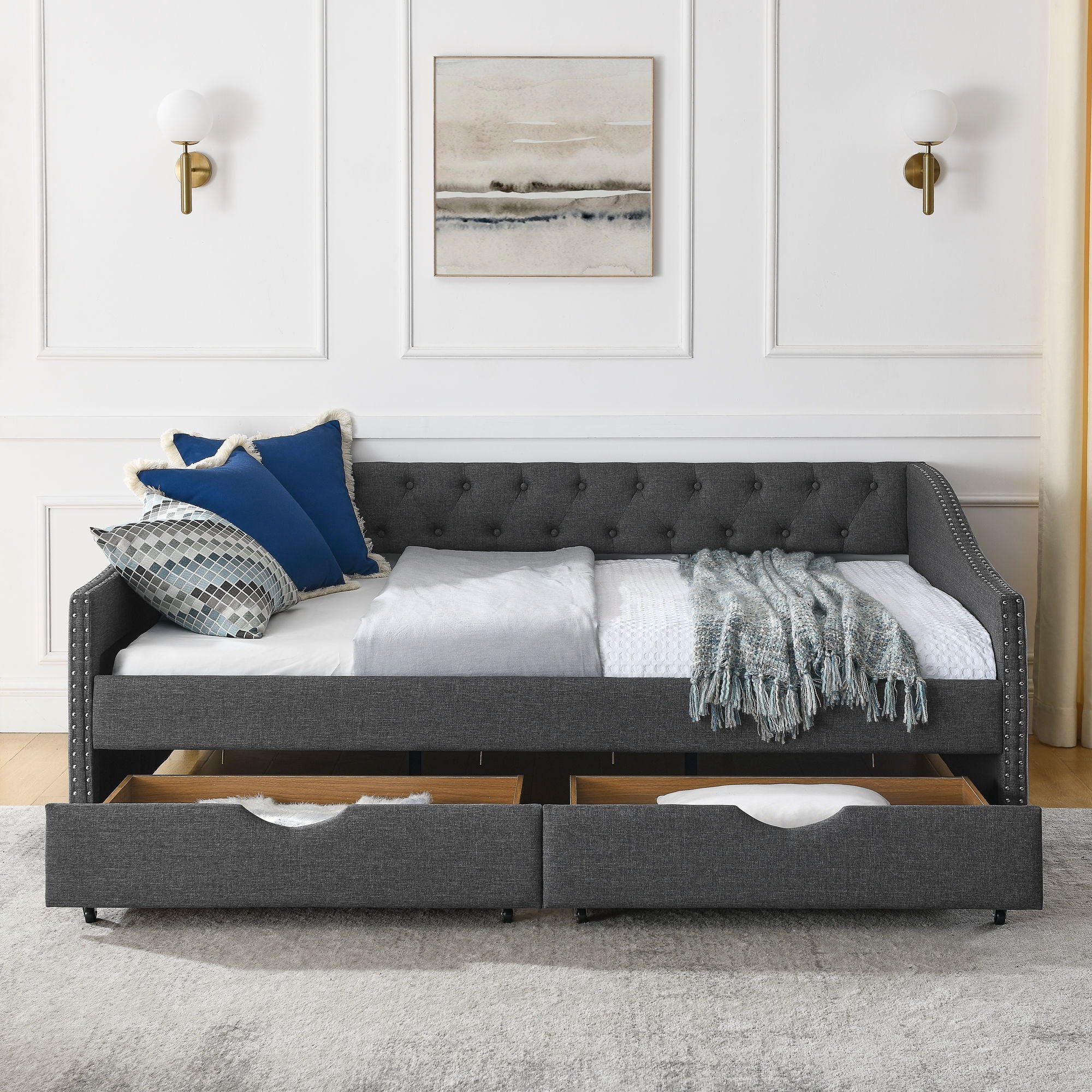 Upholstered Tufted Daybed With Drawers, Waved Arms - Image 57