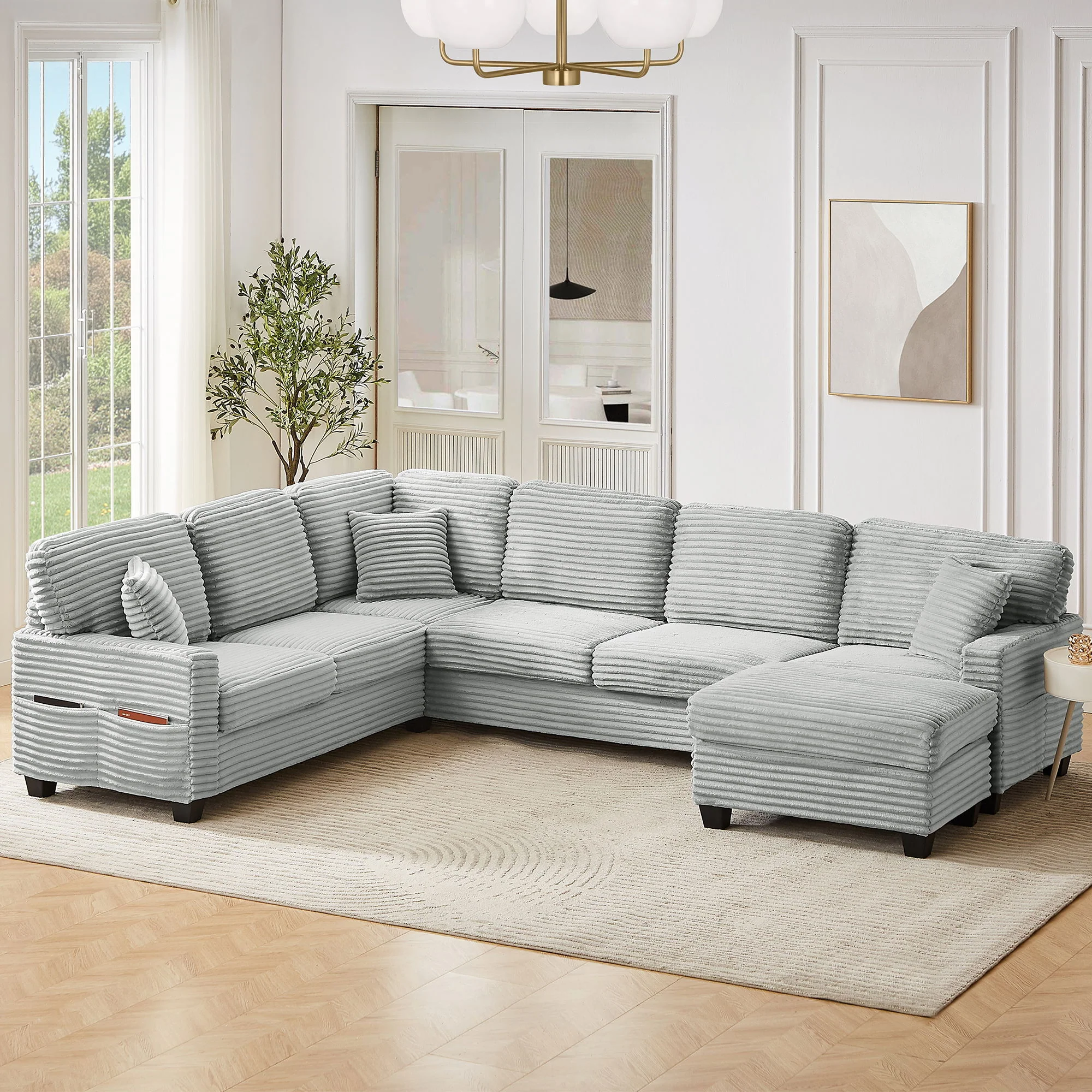 Upholstered U-Shaped Sectional Sofa With Movable Ottoman And Side Storage Pockets - Image 18