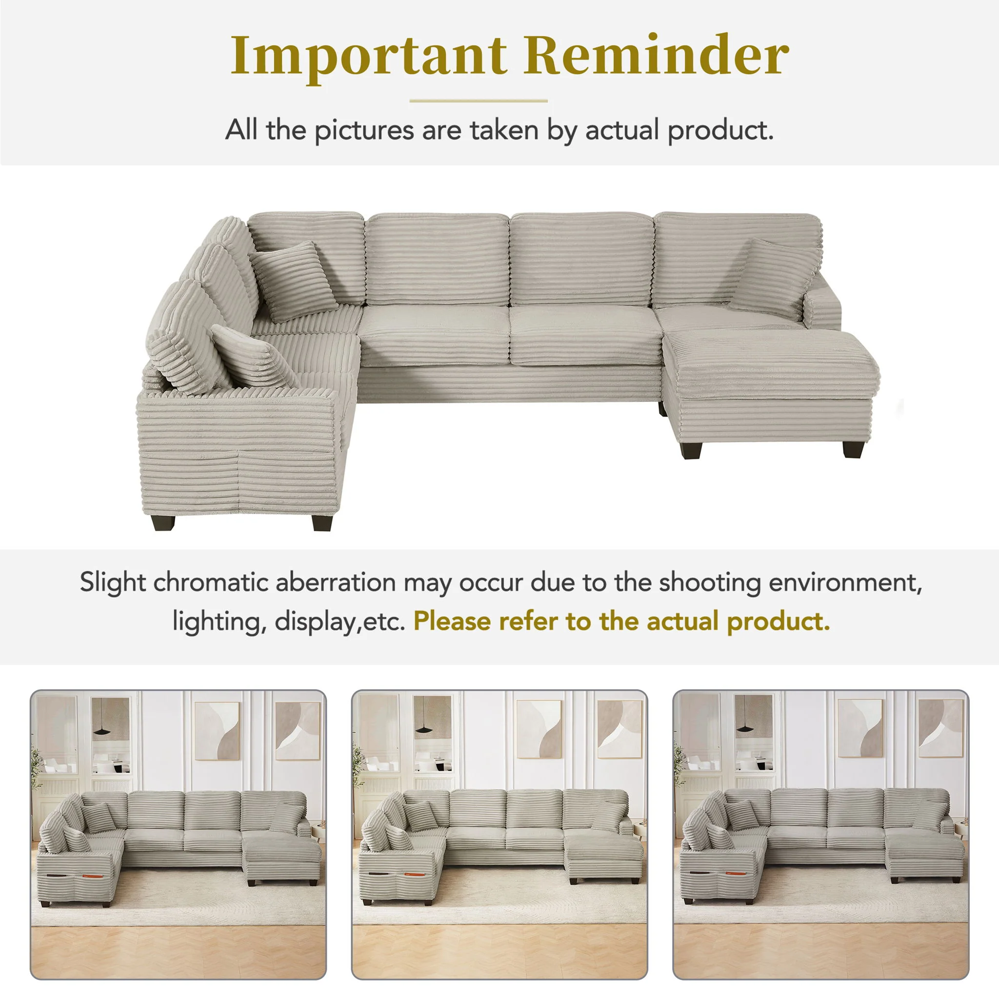 Upholstered U-Shaped Sectional Sofa With Movable Ottoman And Side Storage Pockets - Image 7
