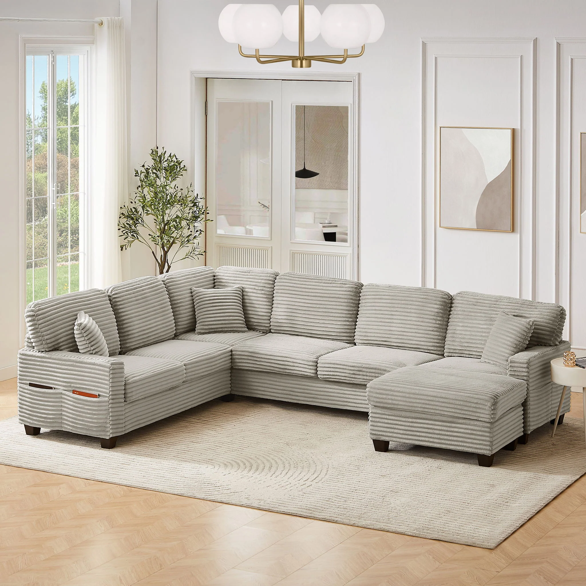 Upholstered U-Shaped Sectional Sofa With Movable Ottoman And Side Storage Pockets - Image 9