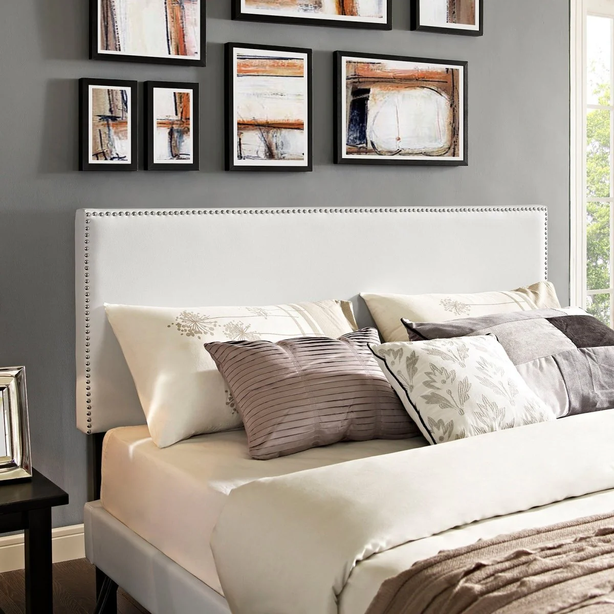 Upholstered Vinyl Full Platform Bed with Tapered Splayed Legs in White - Image 2