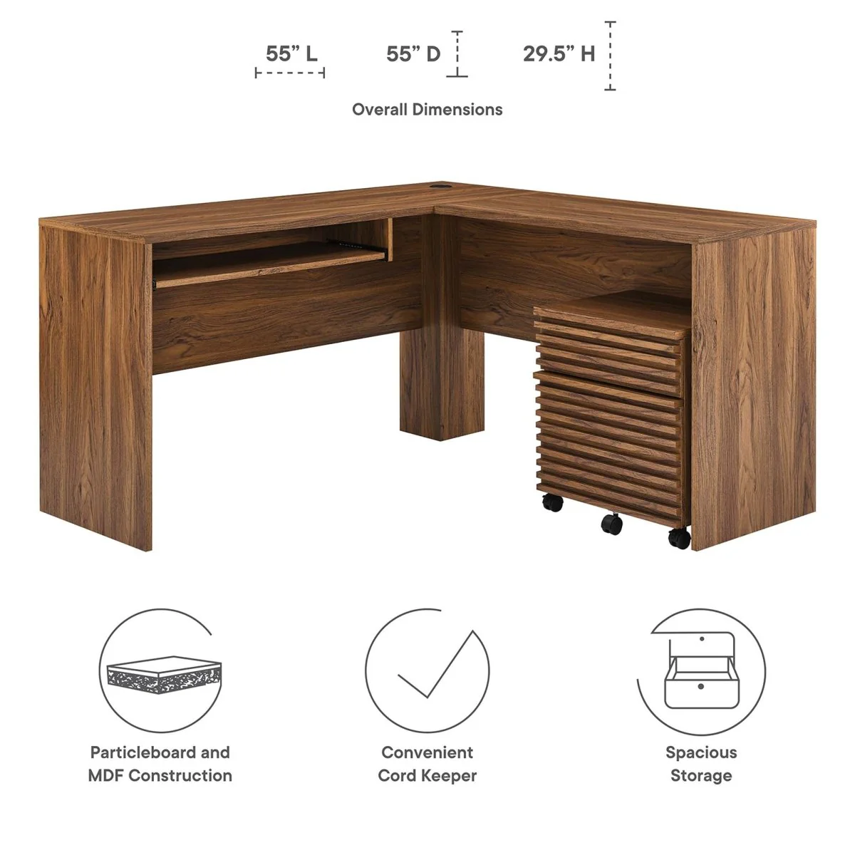 73" Walnut L-Shaped Office Desk with File Cabinet - Image 2