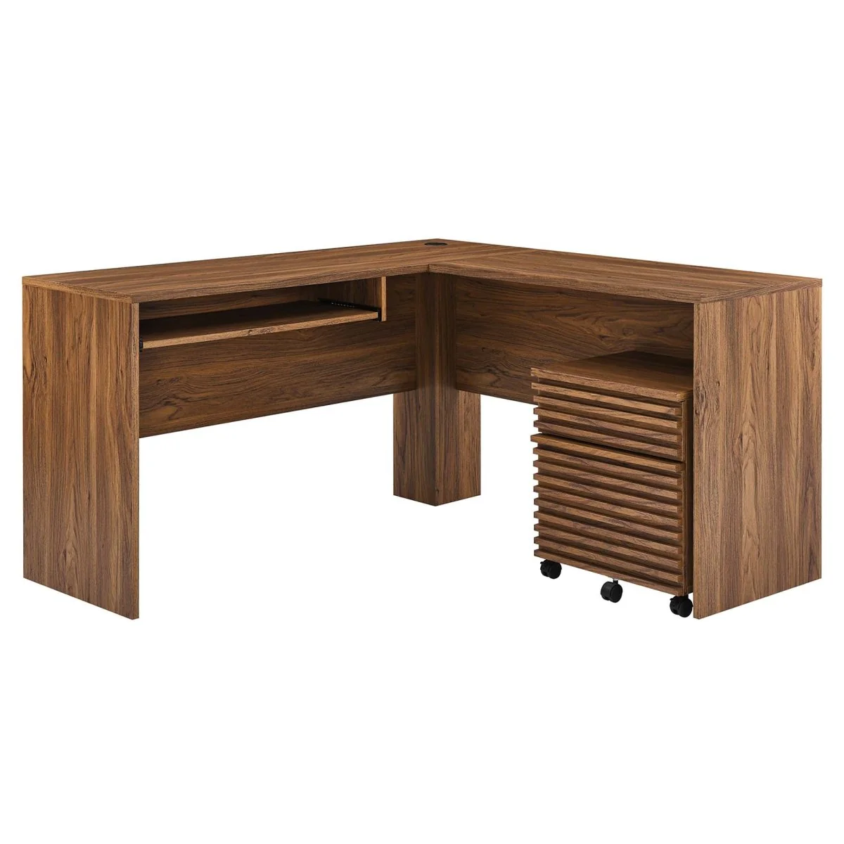 73" Walnut L-Shaped Office Desk with File Cabinet - Image 7