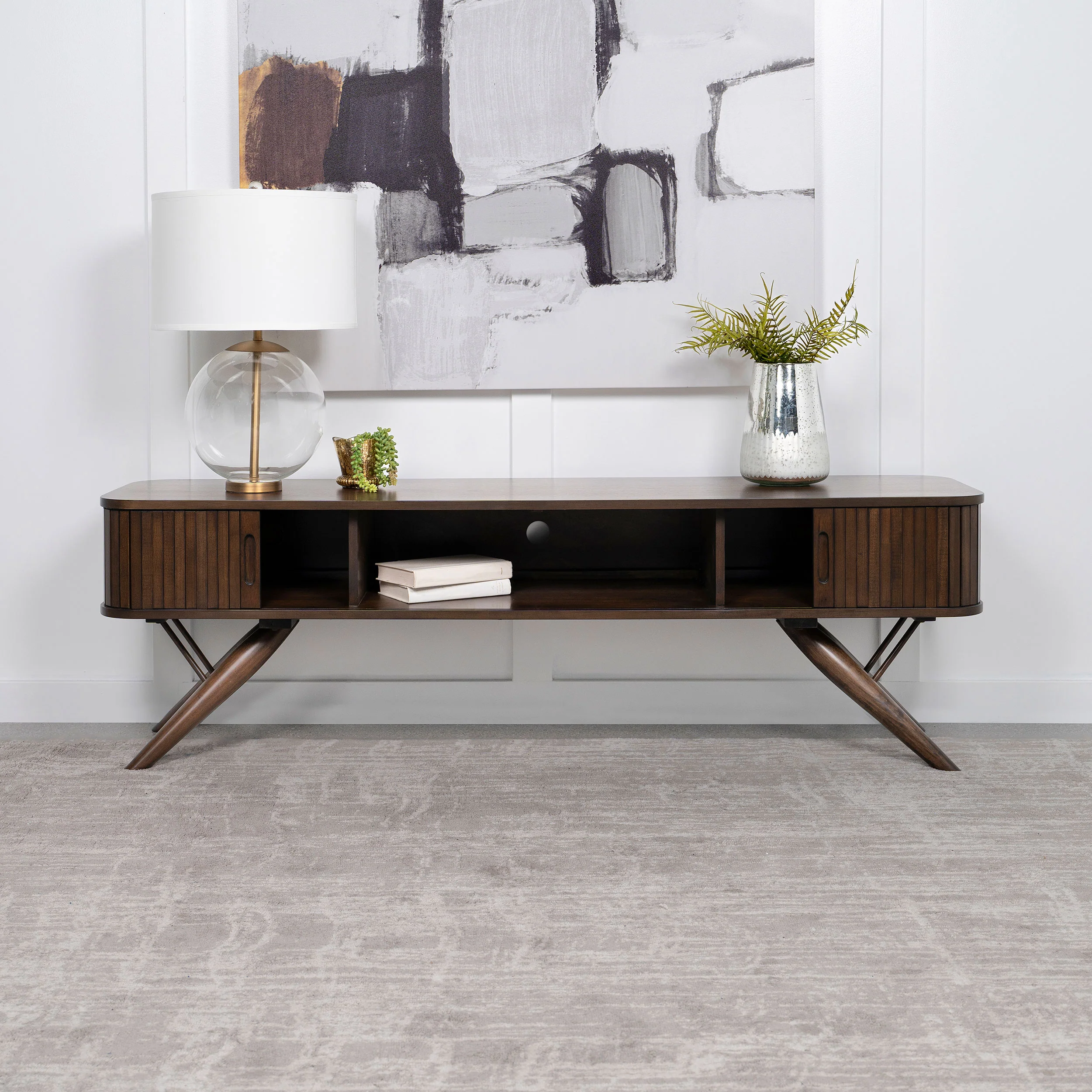 Valna Wood 71-inch TV Stand with Sliding Doors Walnut