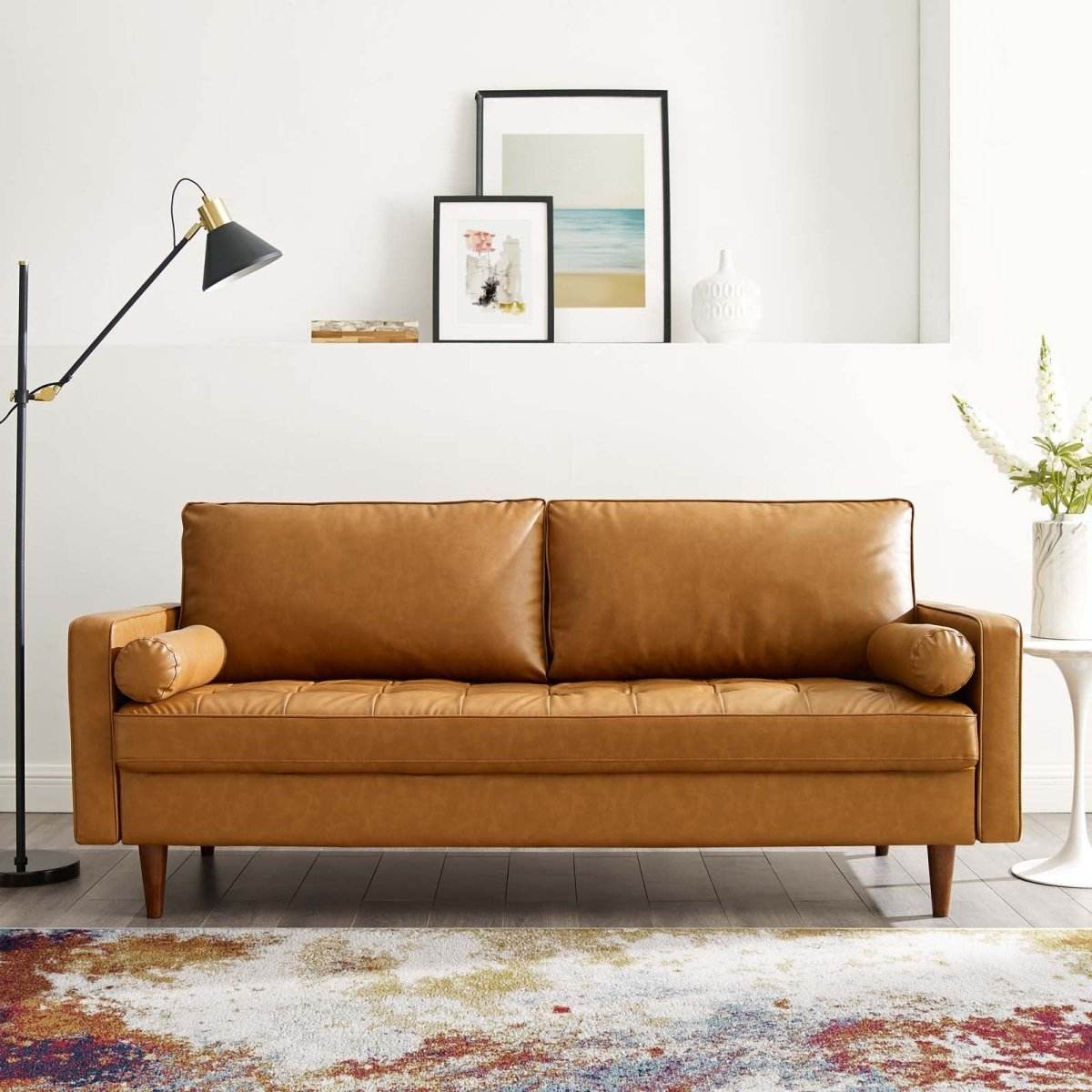 Tufted Vegan Leather Sofa in Tan - Image 6