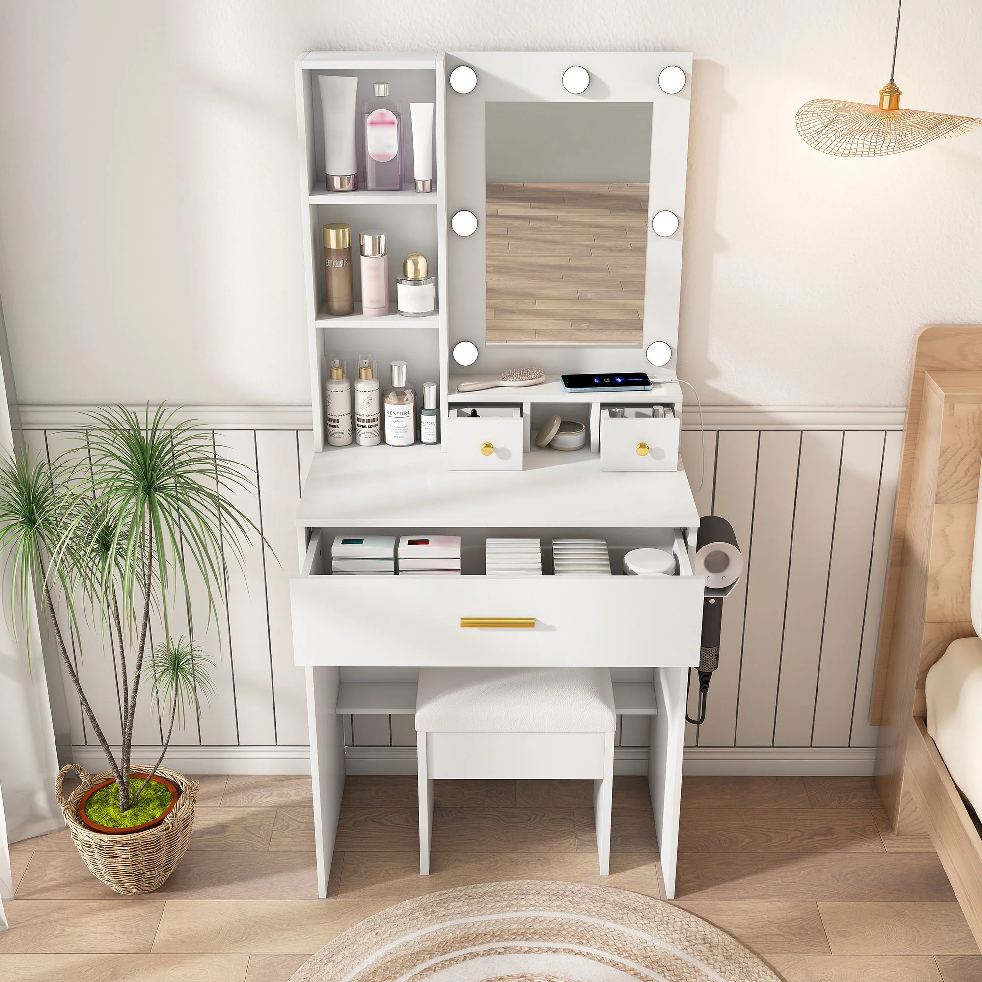 Vanity Table With Mirror, Adjustable LED Lights, Power Outlet, Hairdryer Holder & Stool - Image 12