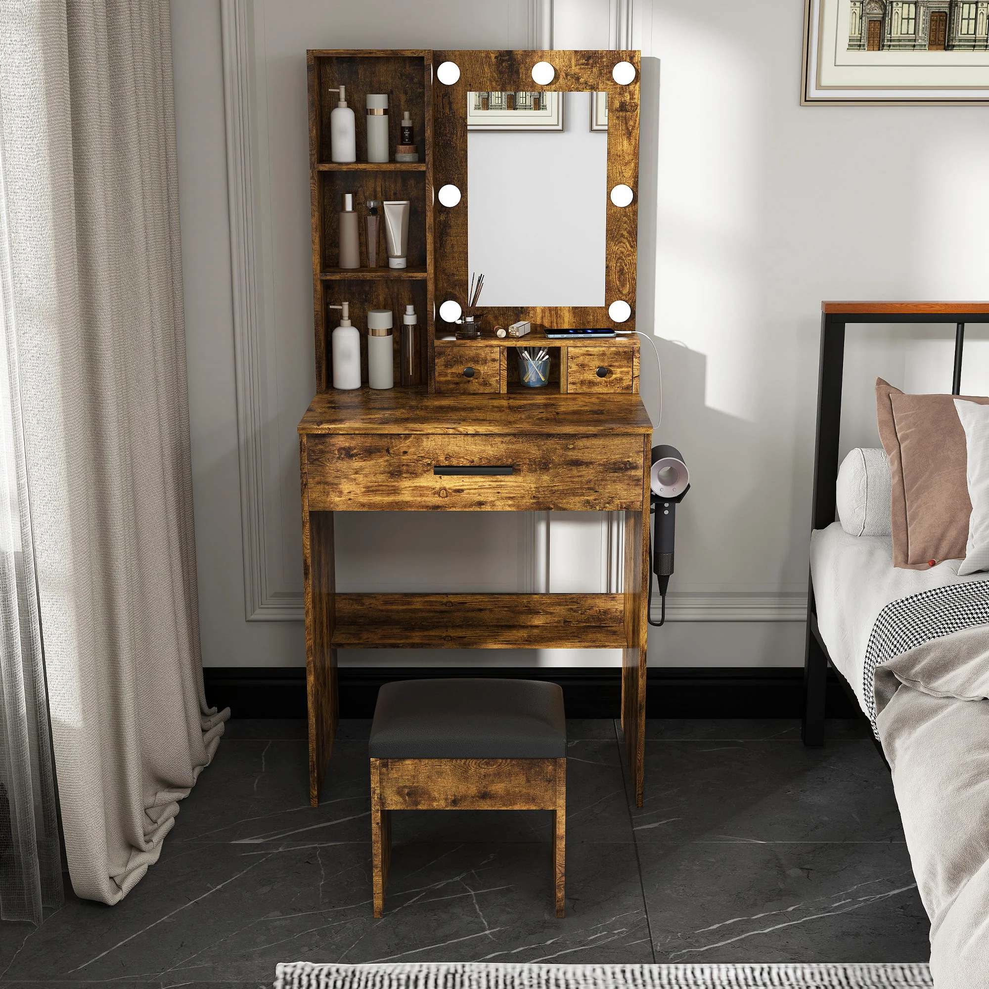 Vanity Table With Mirror, Adjustable LED Lights, Power Outlet, Hairdryer Holder & Stool - Image 6