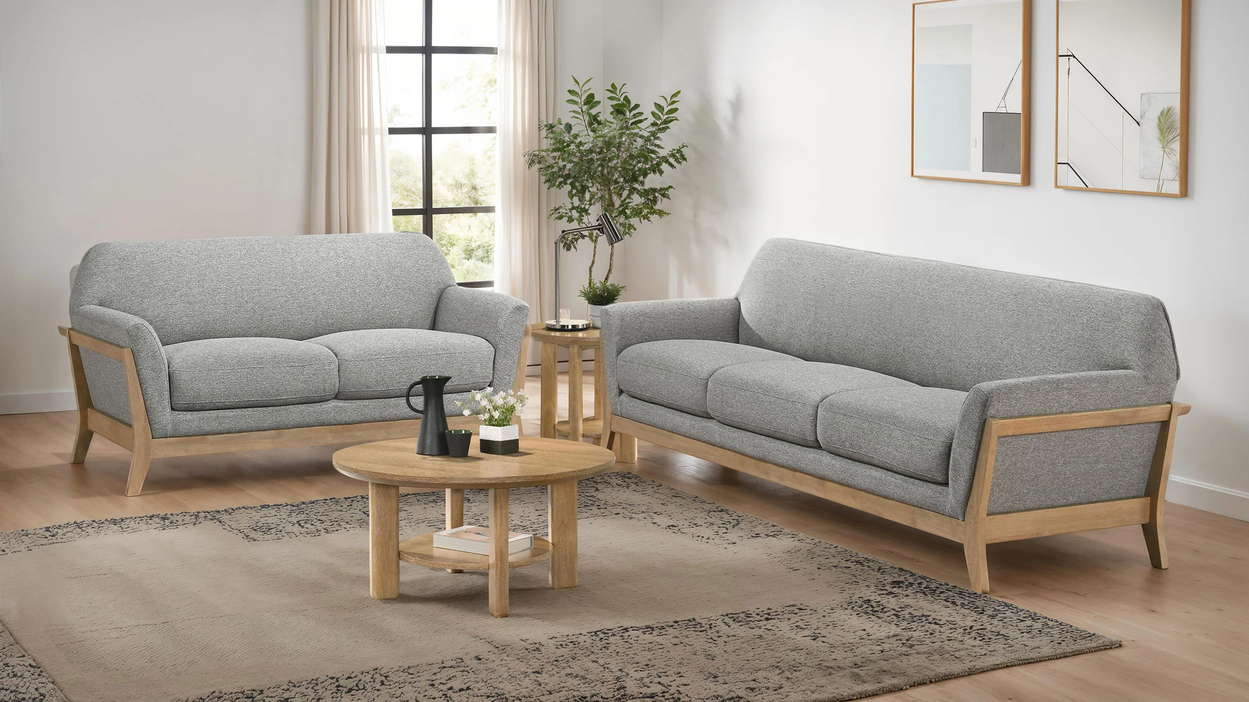 Vaughn 2-Piece Grey Fabric Sofa Set with Flared Arms
