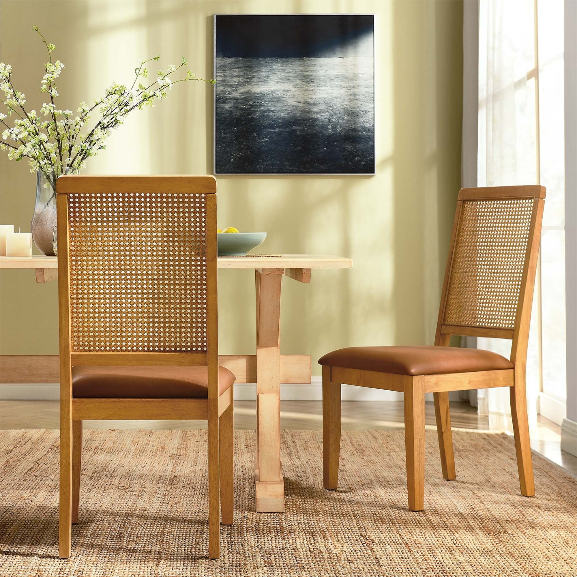 Vegan Leather and Faux Rattan Wood Dining Side Chairs Set of 2 - Image 28