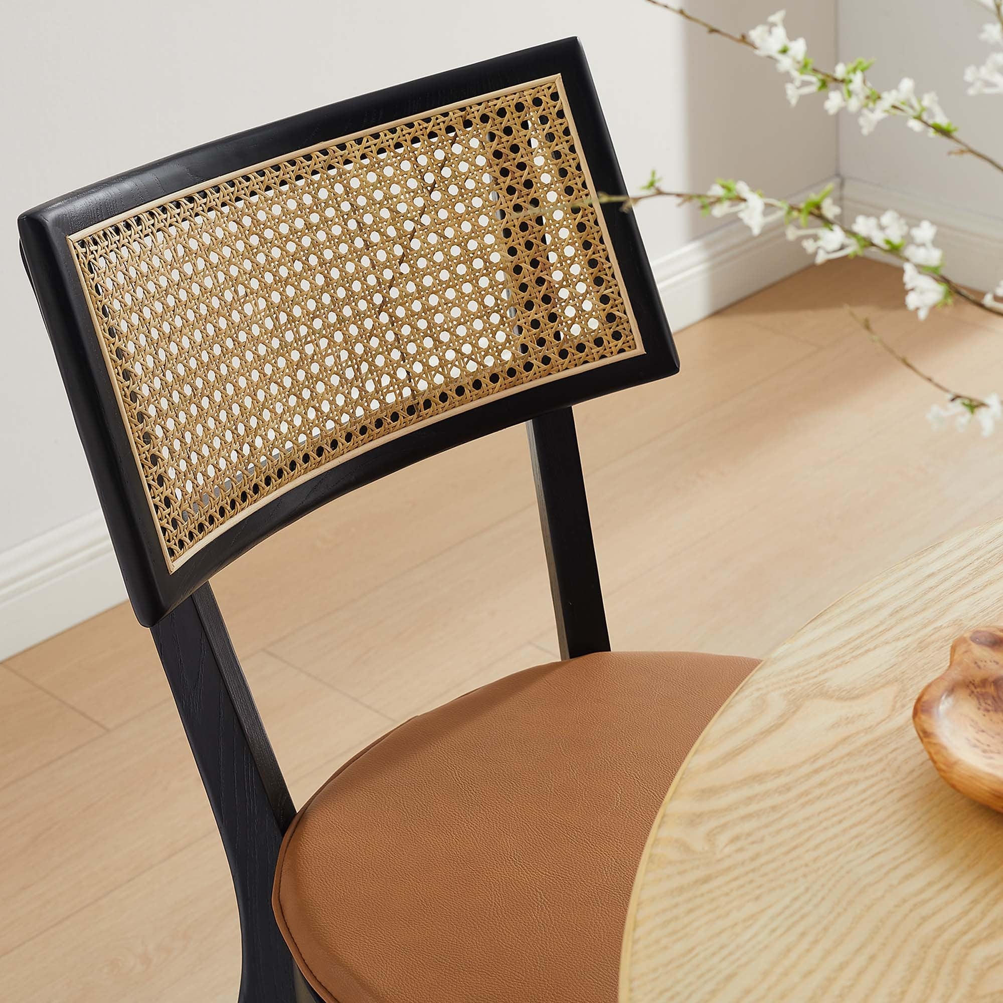 Vegan Leather and Rattan Wood Dining Chairs Set of 2 - Image 7