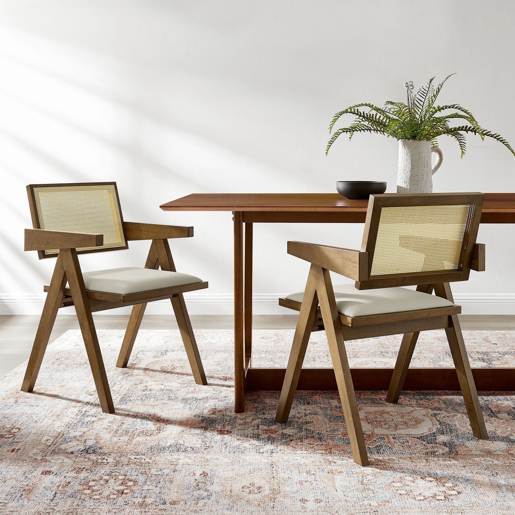 Vegan Leather Cane Wood Dining Armchairs Set of 2 - Image 14
