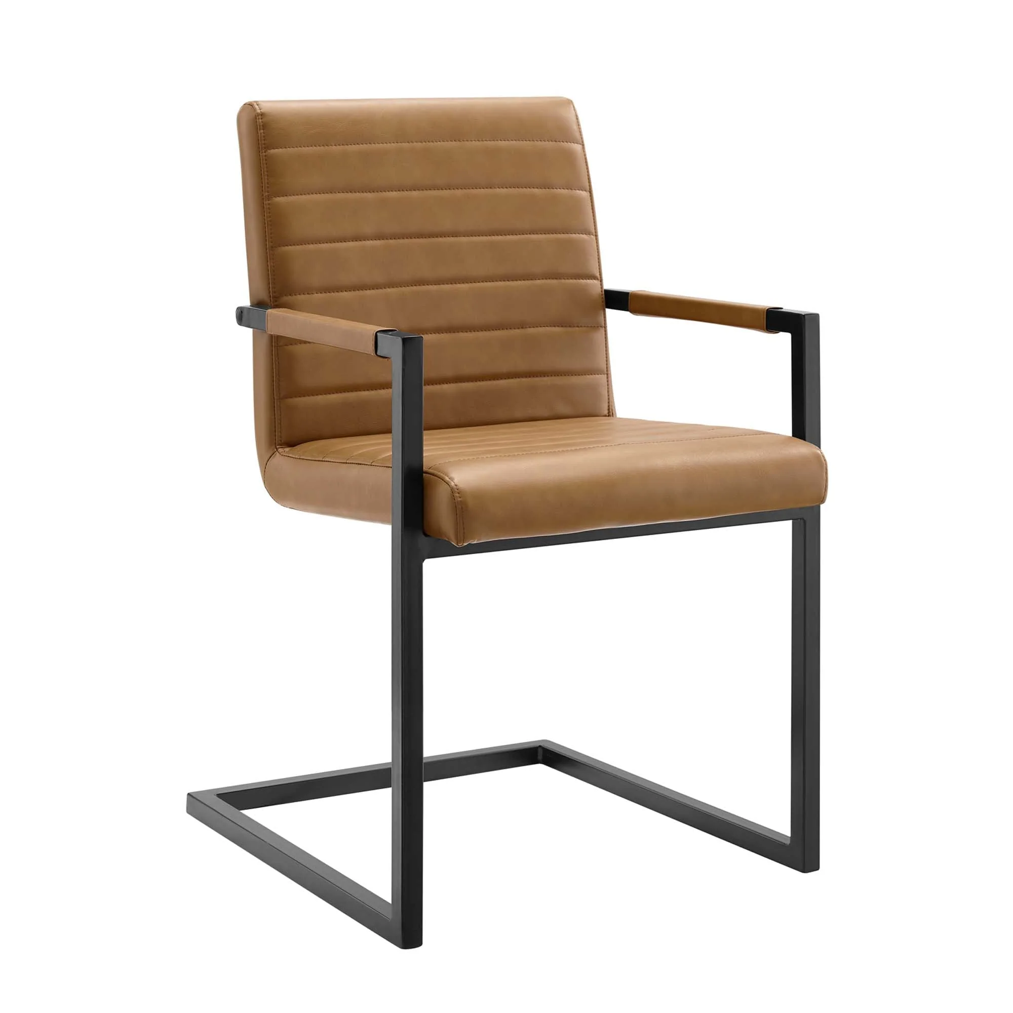 Vegan Leather Sled-Base Dining Armchair Set with Channel Tufting – Tan (Set of 2) - Image 3