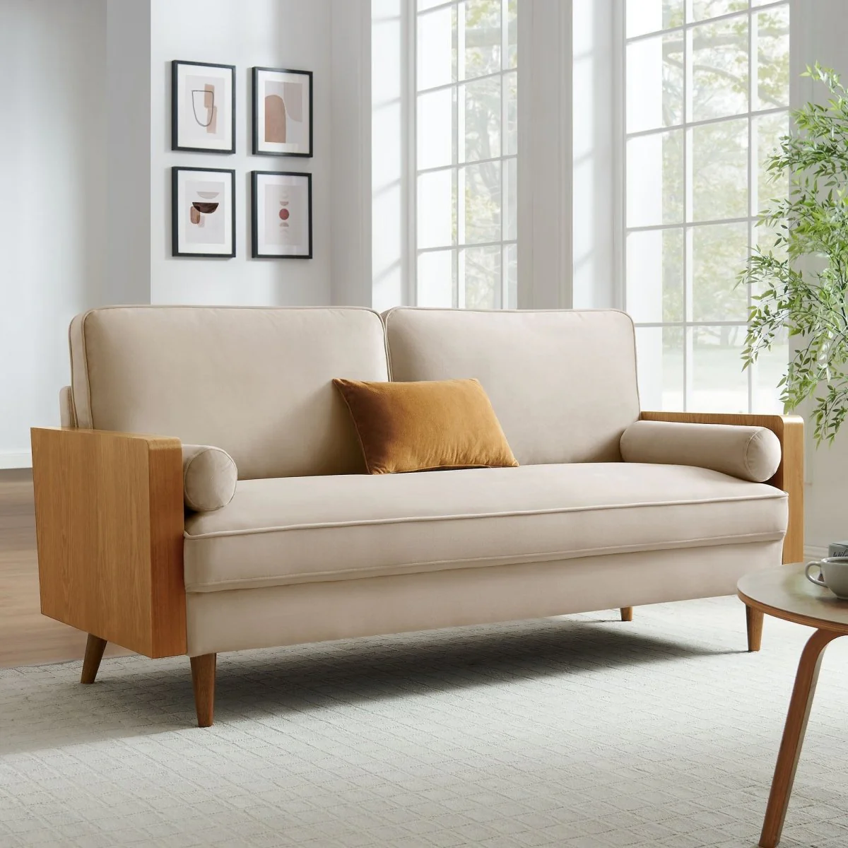 Vegan Leather Sofa with Wood Veneer Armrests - Image 24