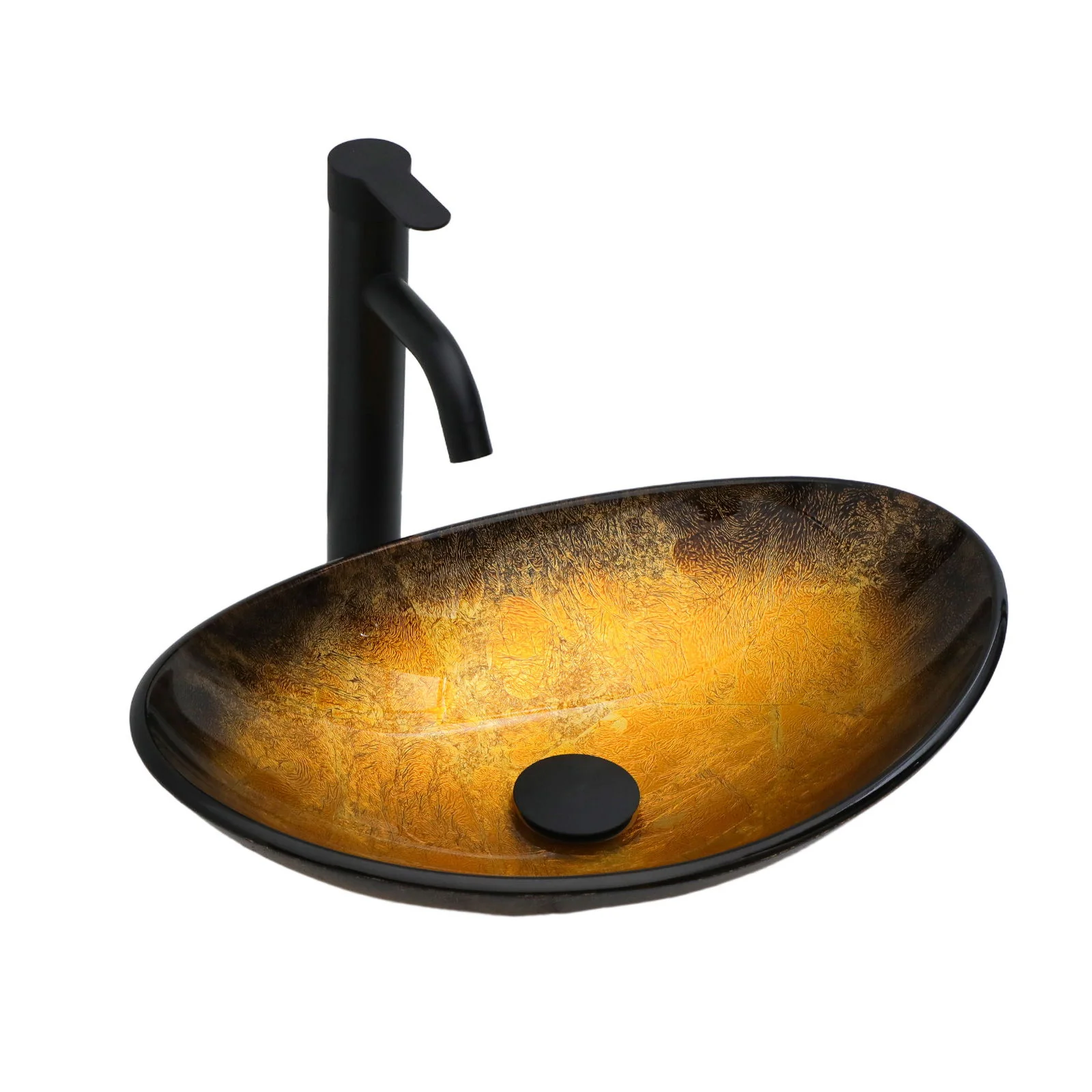 Veined Vessel Sink With Pop Up Drain, Boat Shape Bathroom Sink Above Counter - Gold - Image 3