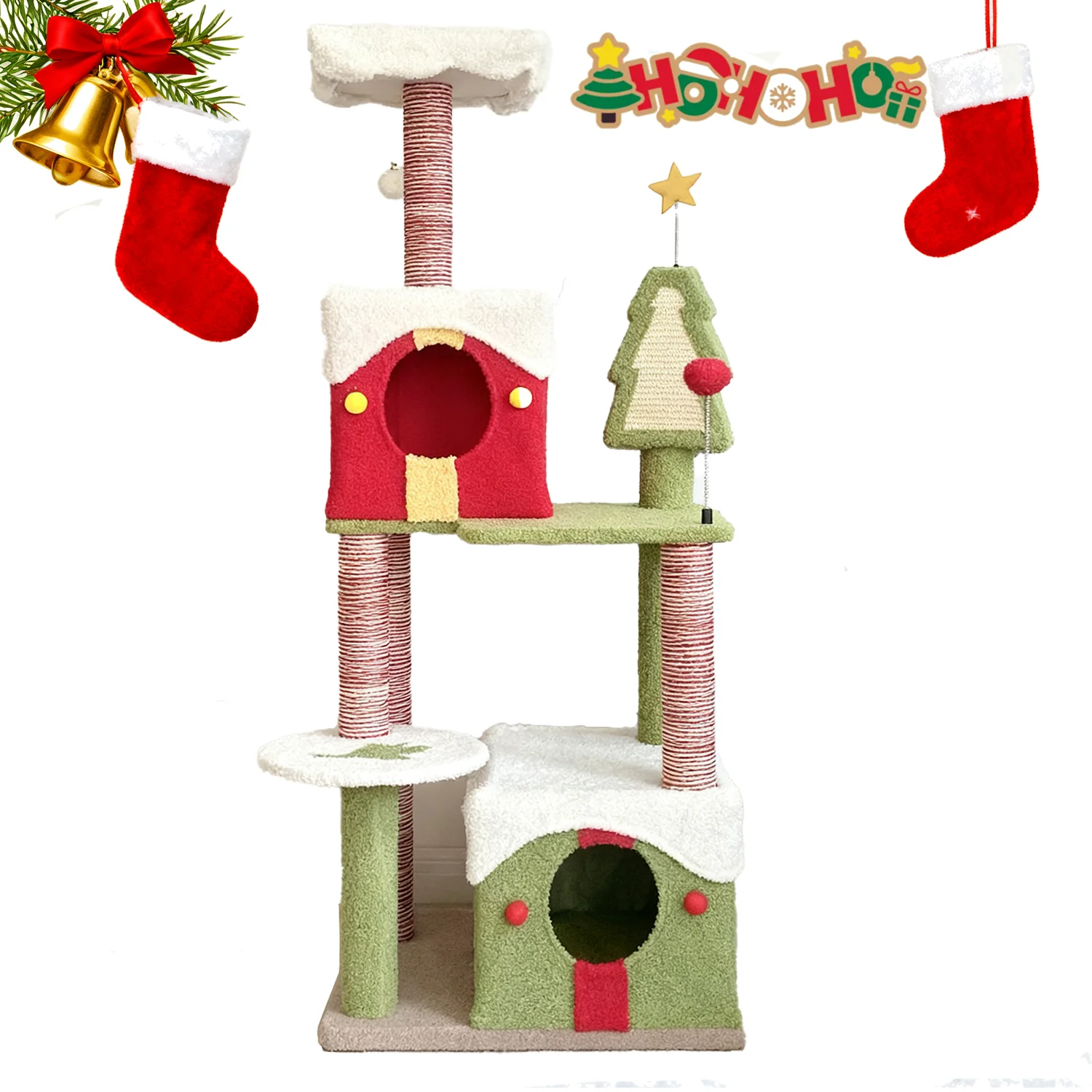 Vela 54" Christmas Multi-Level Cat Tree with Dual Condos and Plush Finish - Image 3