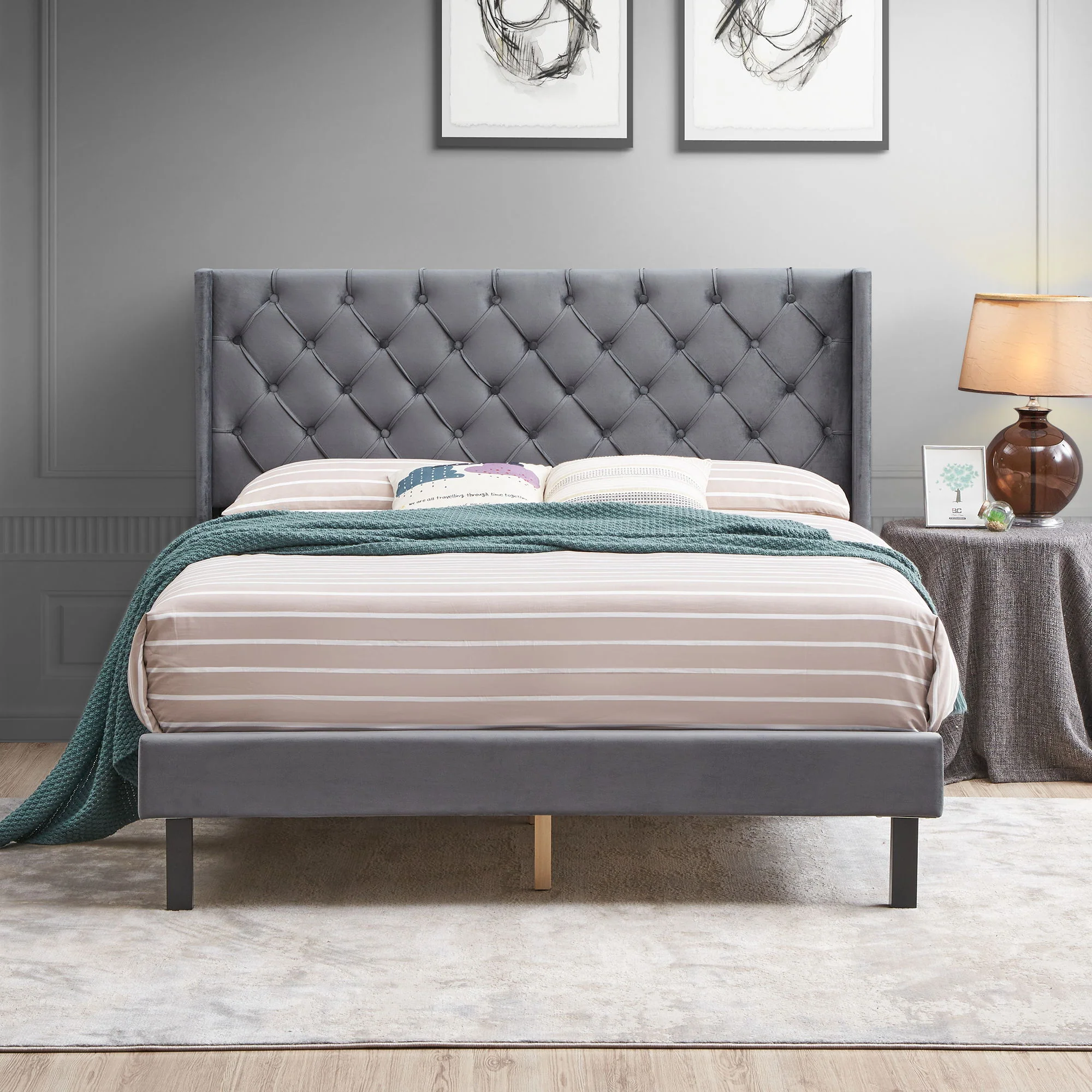 Velvet Button Tufted-Upholstered Bed With Wings Design Strong Wood Slat Support Queen Platform Bed - Gray - Image 6