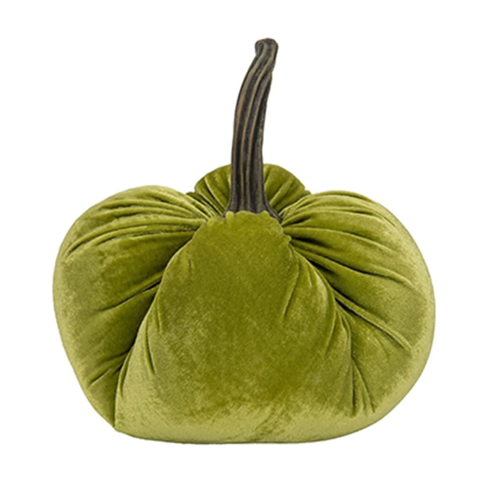Velvet Weighted Pumpkin With Resin Stem Apple, Pumpkin Ornament Decor For Holiday Harvest Festival Fall Festival & Thanksgiving (Set of 2) - Green - Image 6